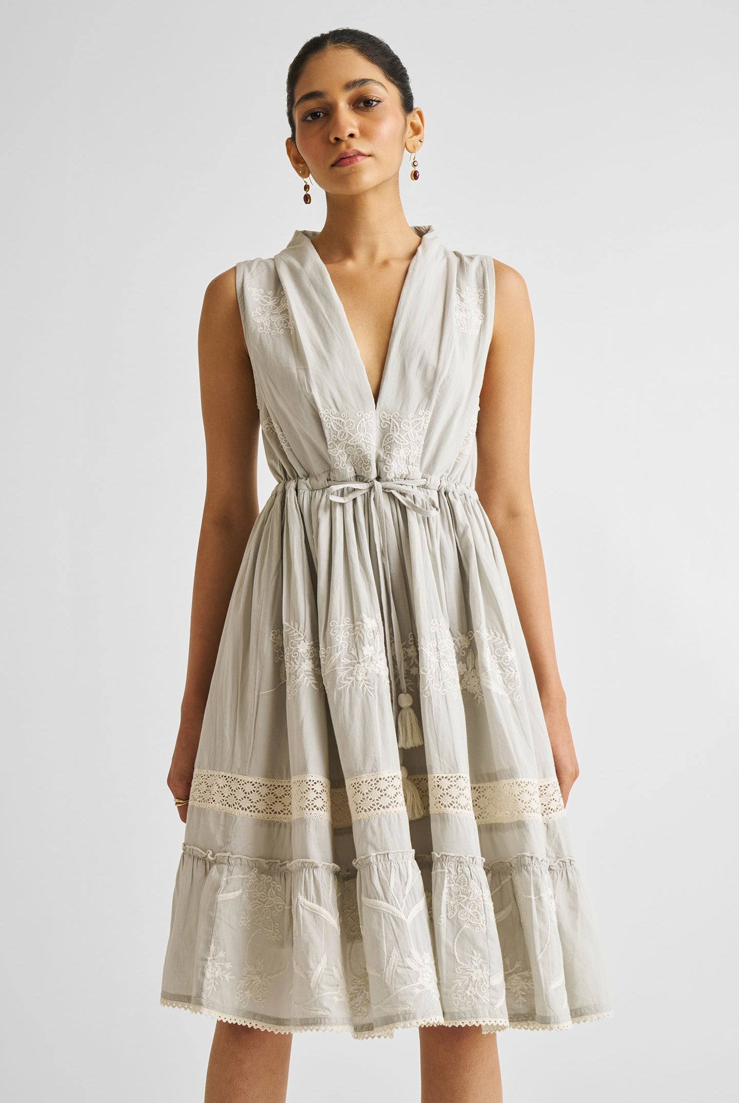 Embroidered Drawstring Gathered Dress in Grey Long Shot