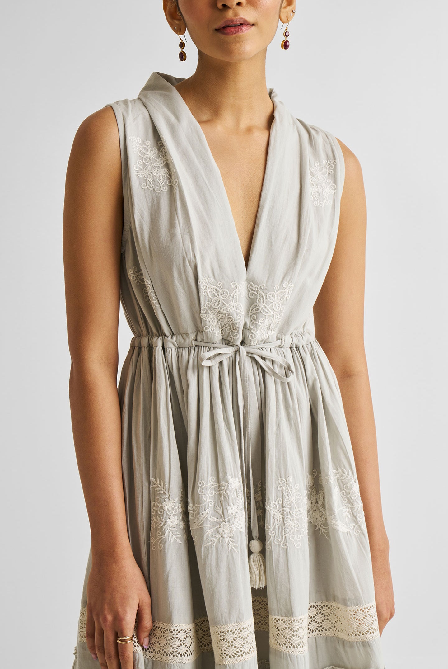 Embroidered Drawstring Gathered Dress in Grey Medium Shot