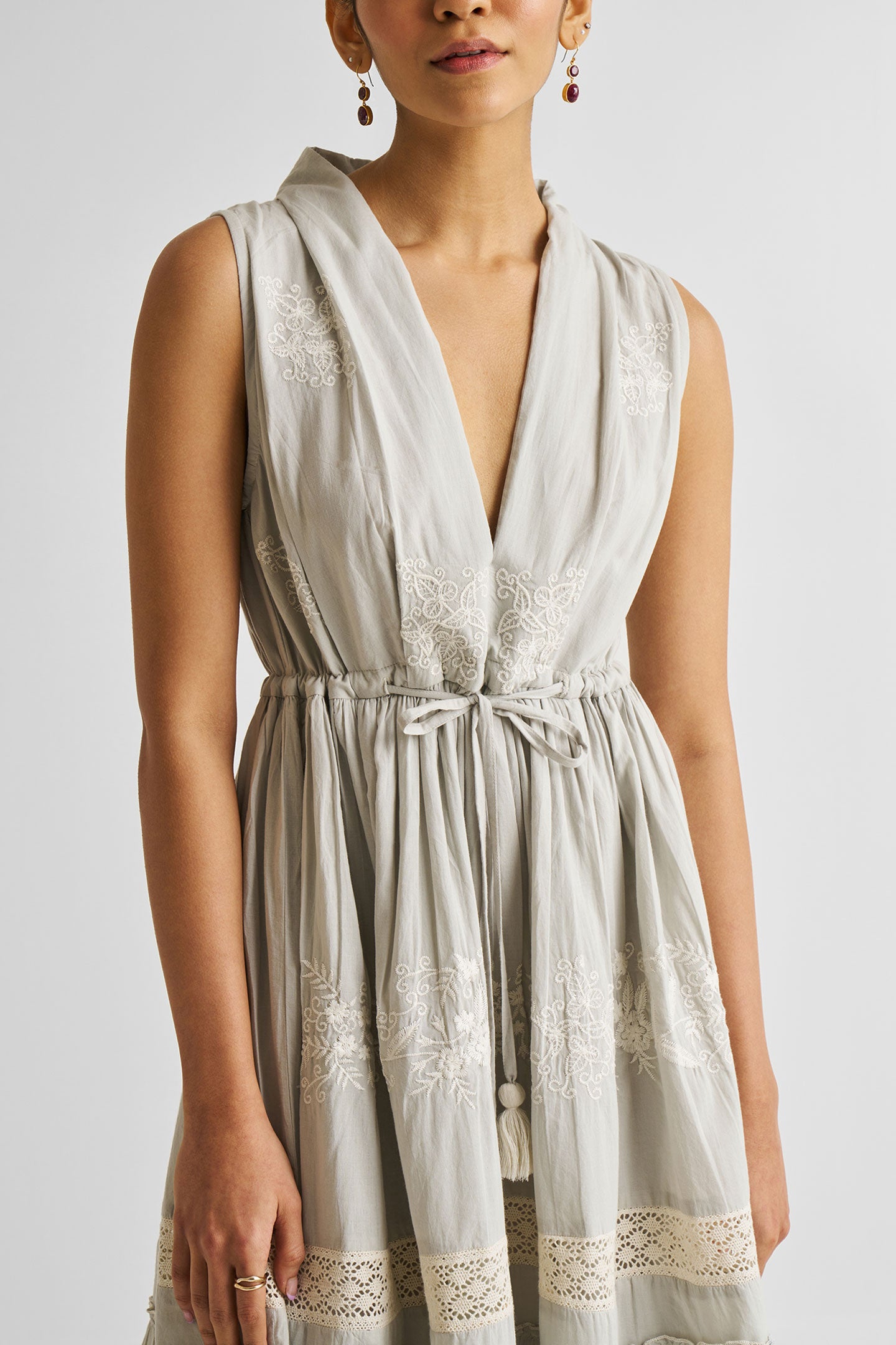 Embroidered Drawstring Gathered Dress in Grey Medium Shot