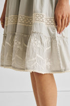 Embroidered Drawstring Gathered Dress in Grey Closeup