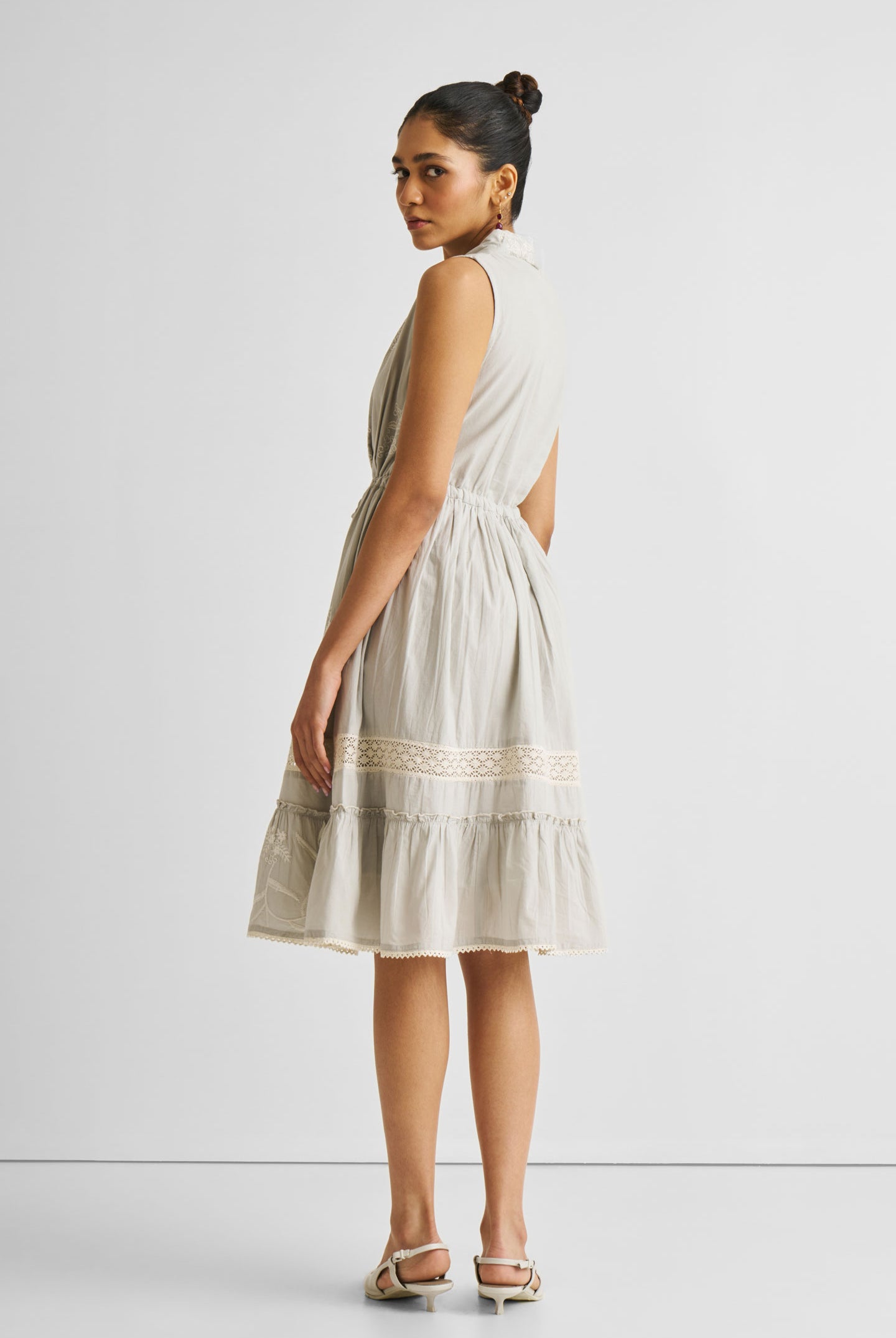 Embroidered Drawstring Gathered Dress in Grey Long Shot