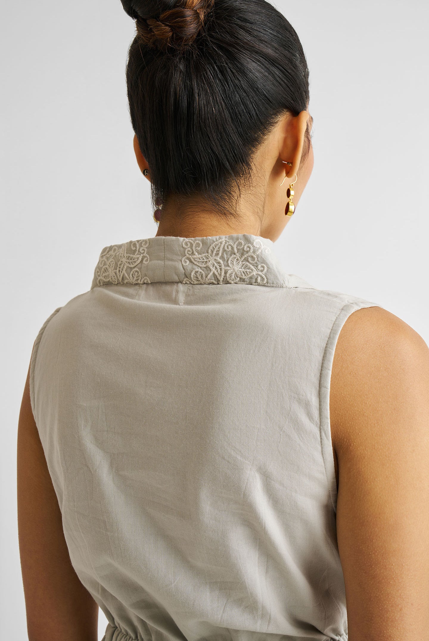 Embroidered Drawstring Gathered Dress in Grey Closeup