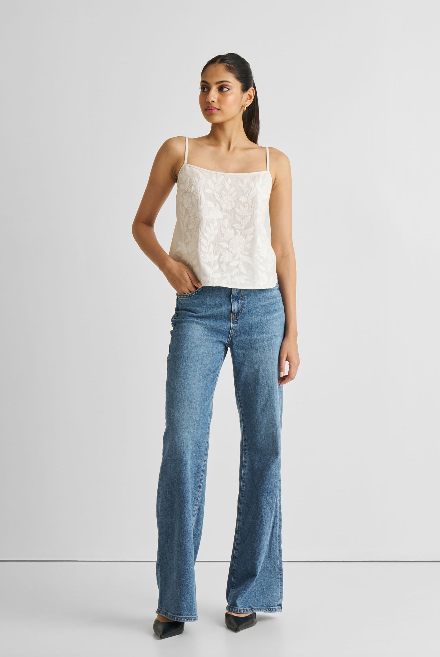Embroidered Camisole Top in White Long Shot
