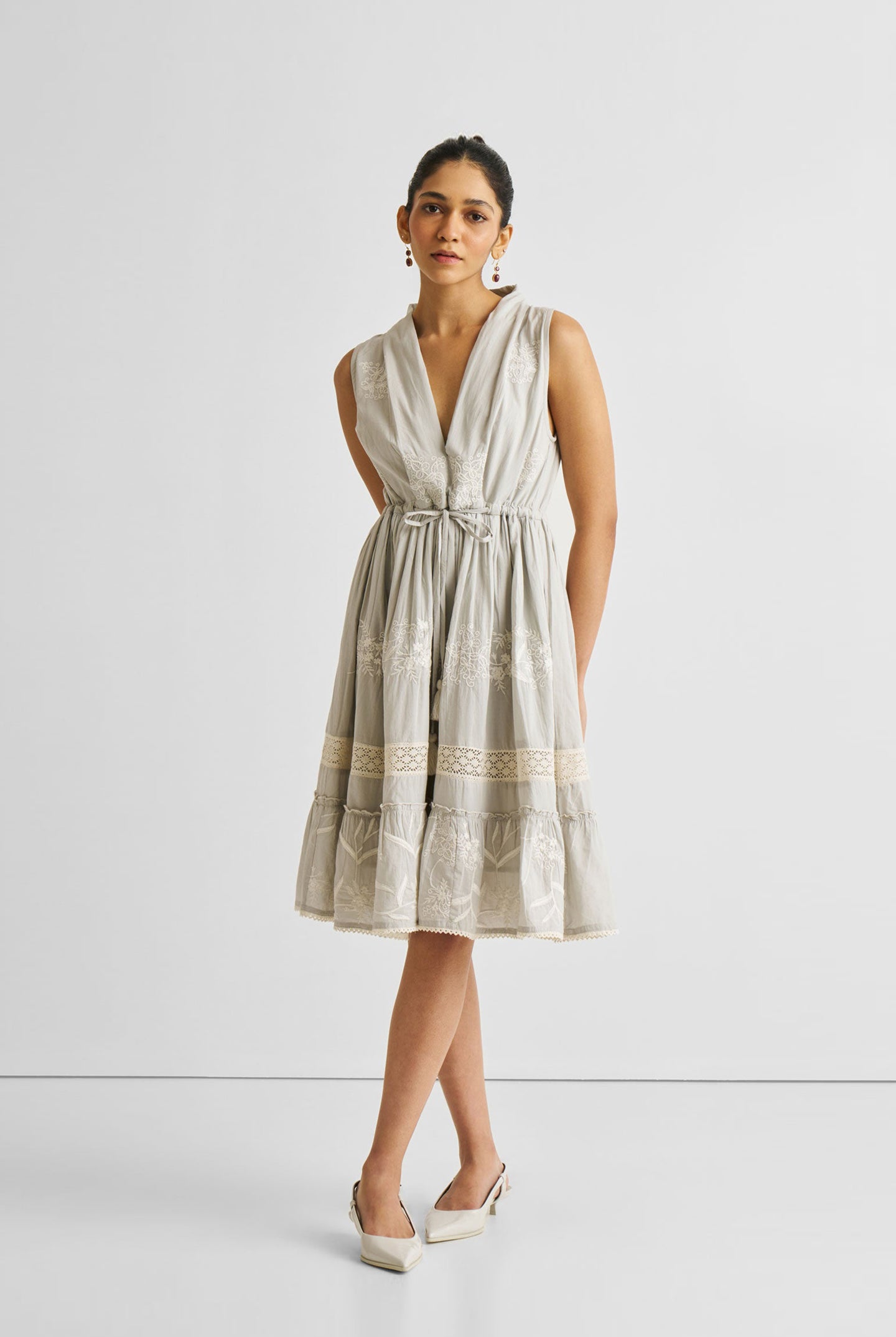 Embroidered Drawstring Gathered Dress in Grey Long Shot