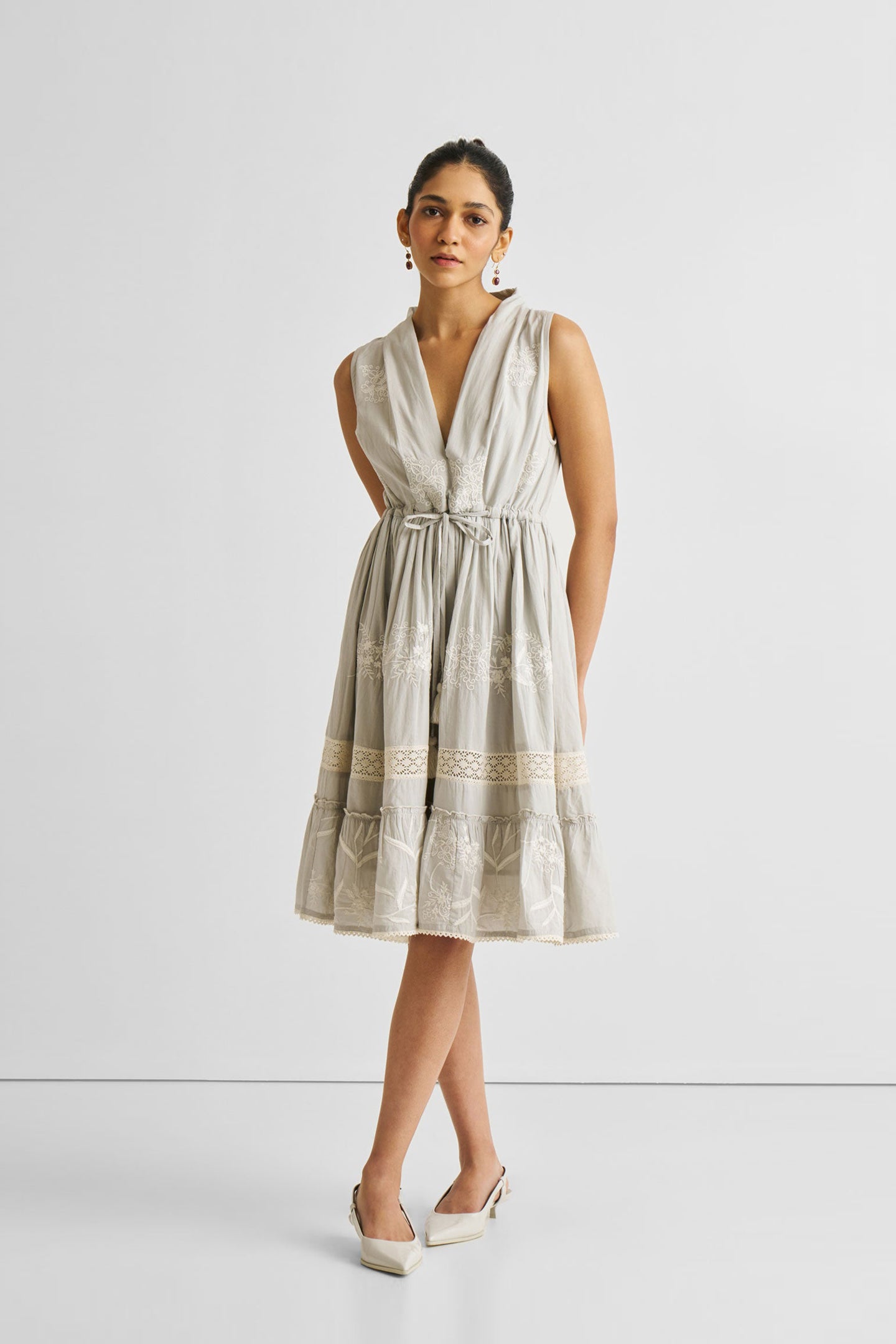Embroidered Drawstring Gathered Dress in Grey Long Shot