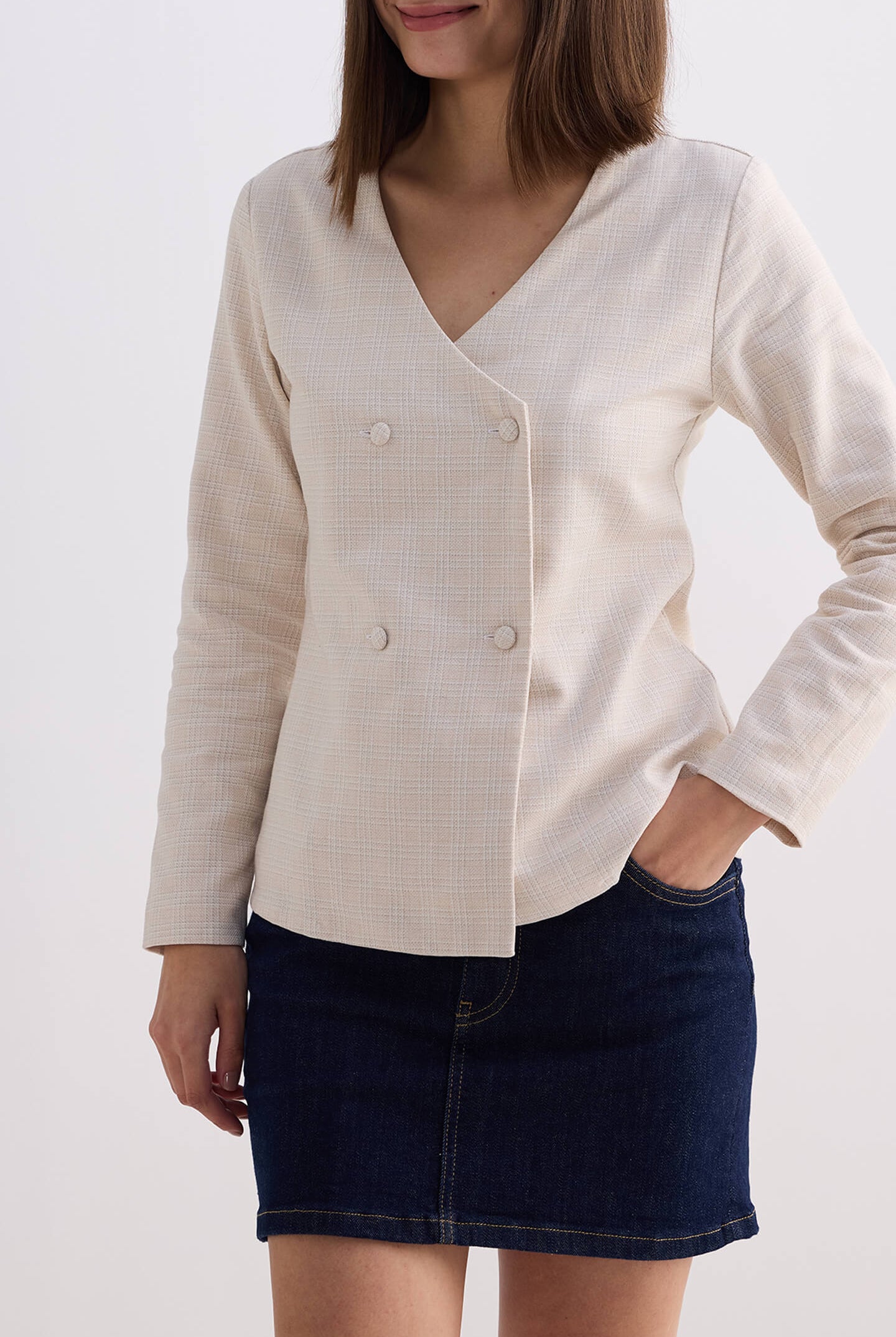 Fitted Cotton Tweed Jacket in Cream Closeup