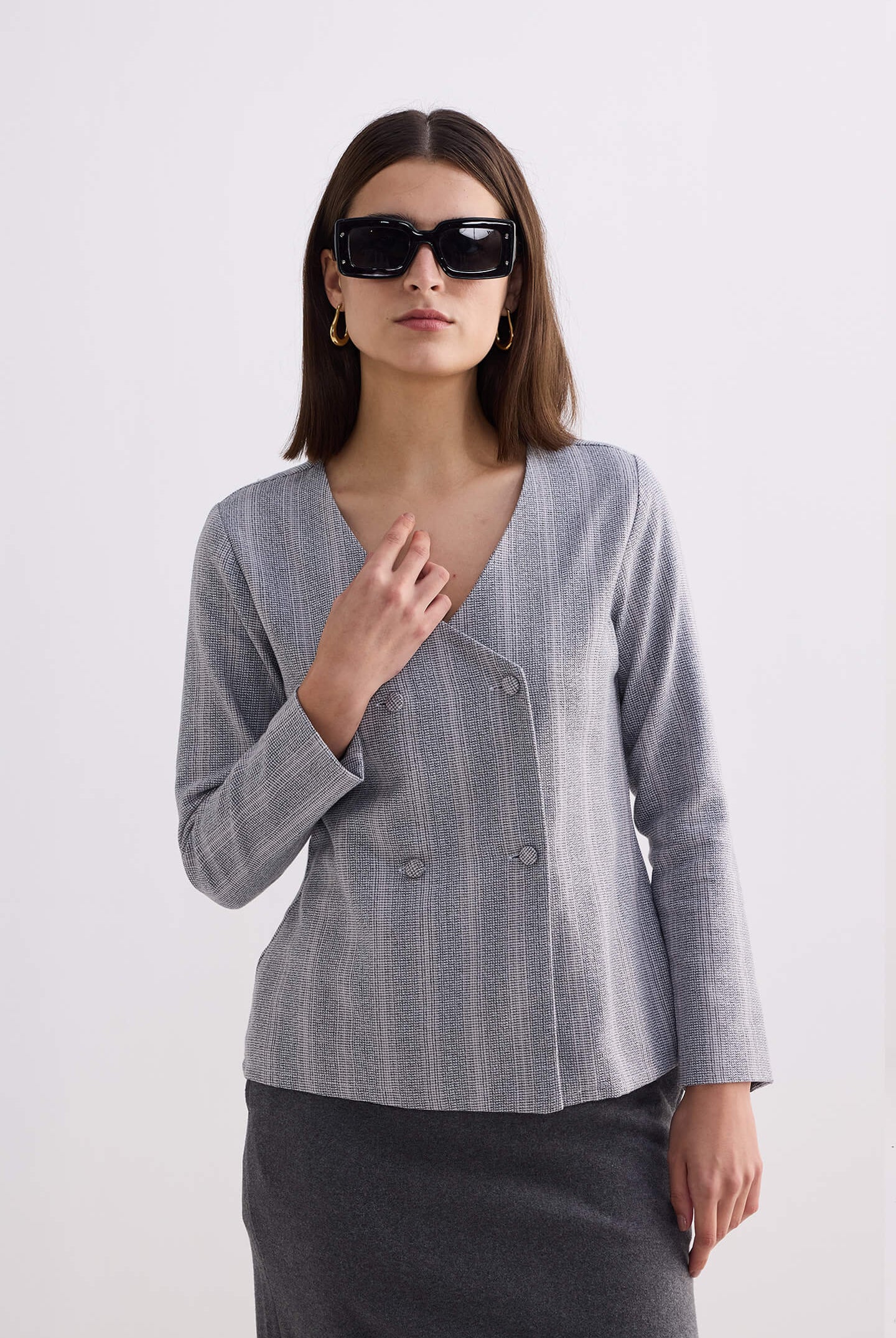 Fitted Cotton Tweed Jacket in Grey Medium Shot
