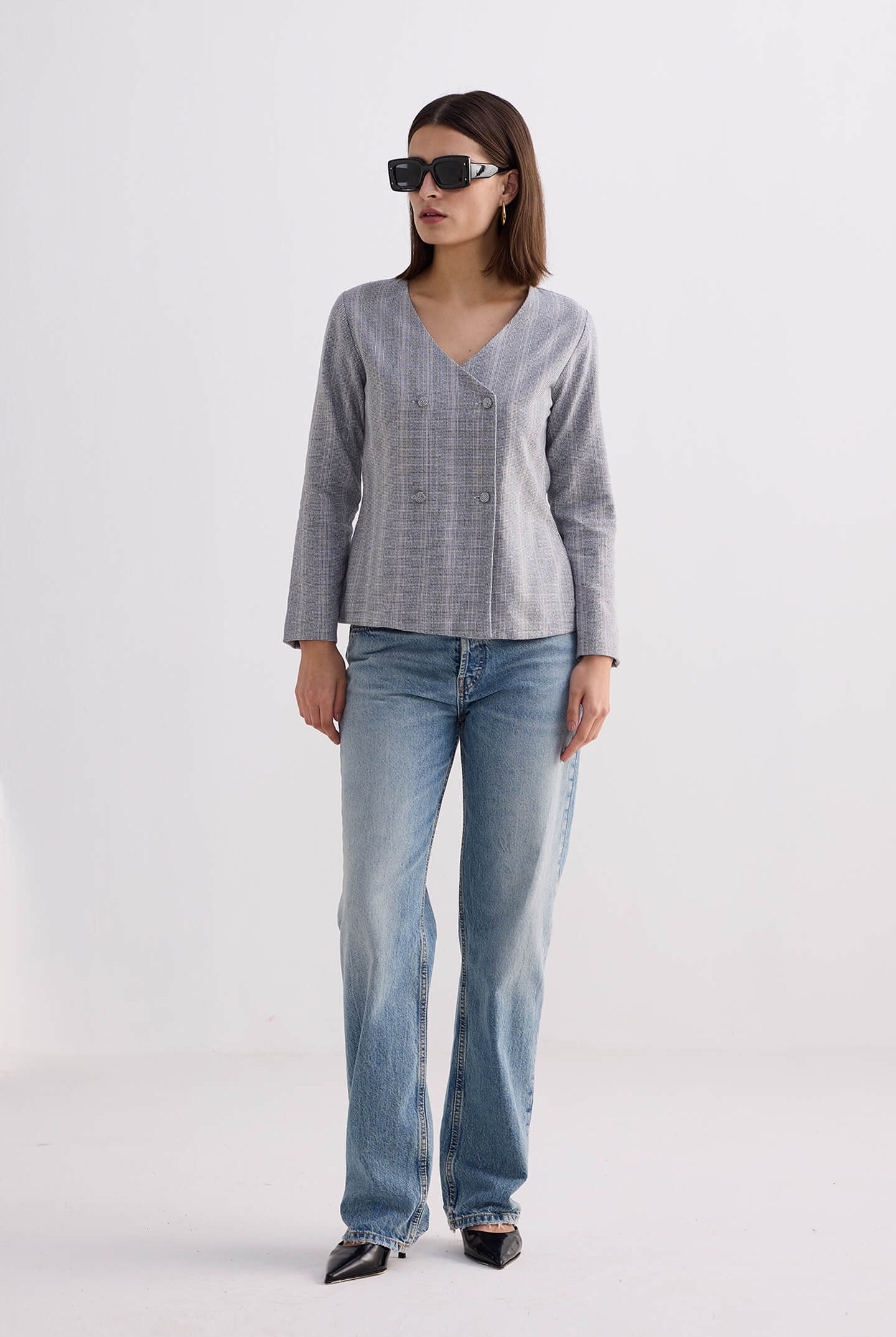 Fitted Cotton Tweed Jacket in Grey Long Shot