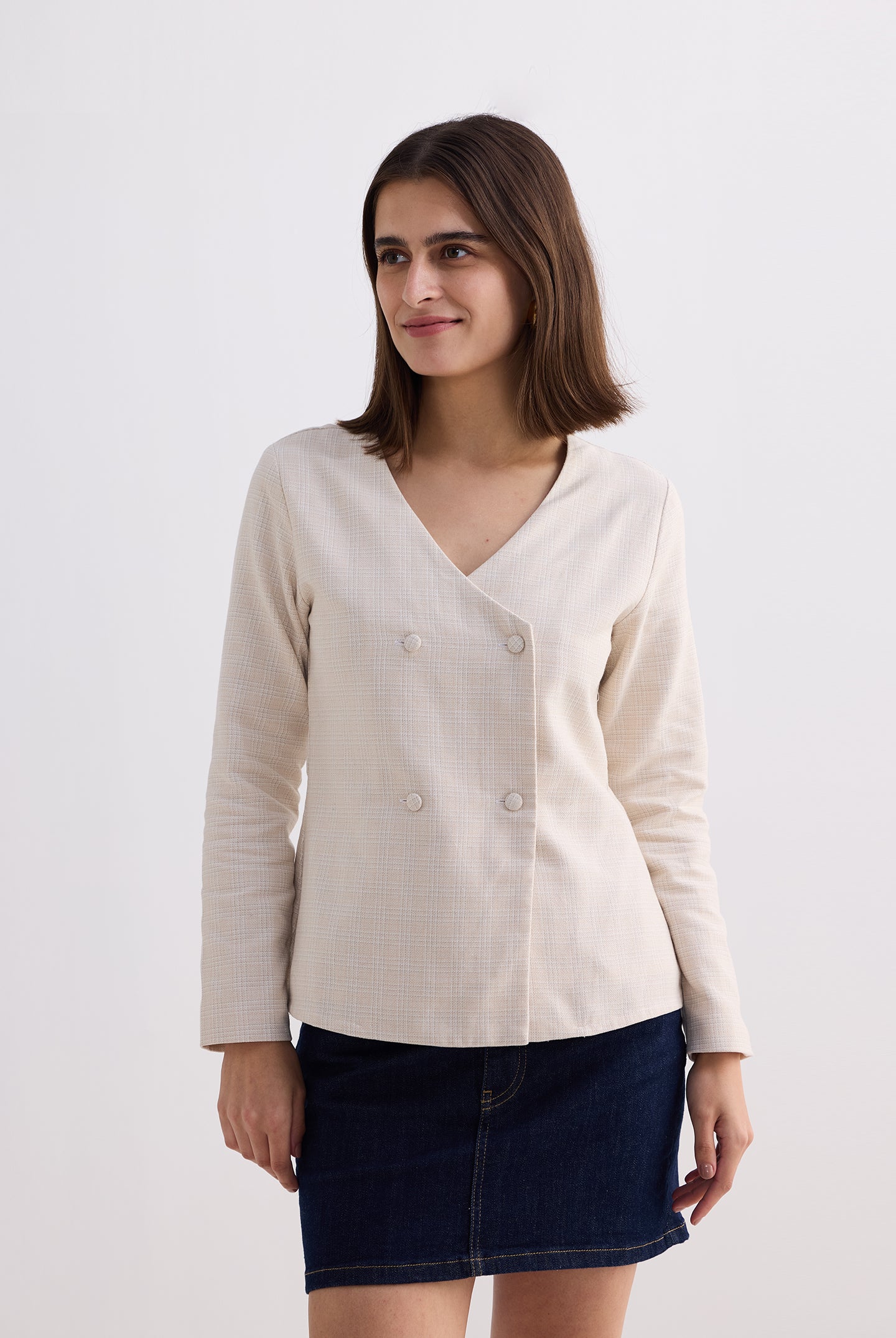 Fitted Cotton Tweed Jacket in Cream Medium Shot