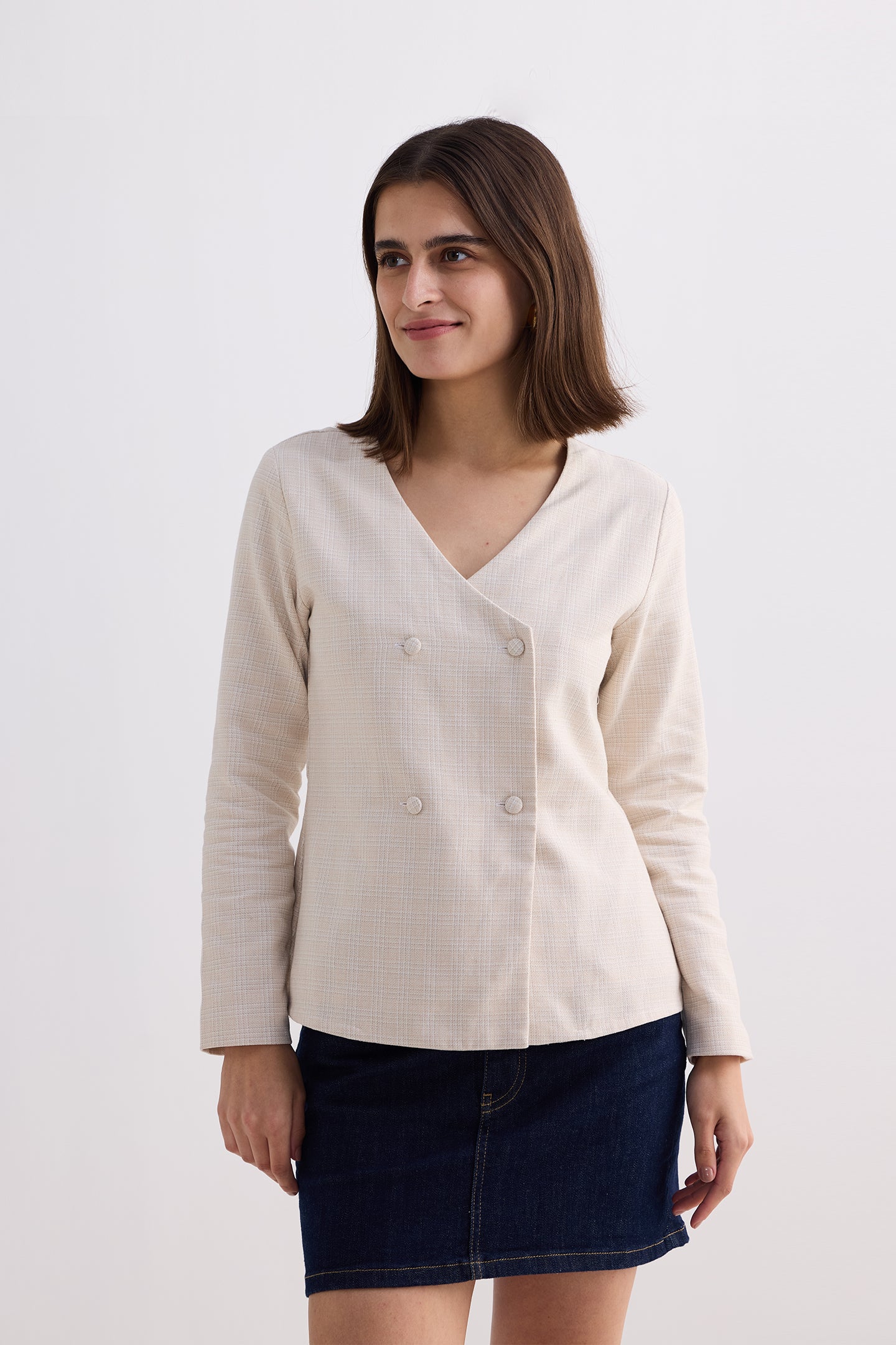Fitted Cotton Tweed Jacket in Cream Medium Shot