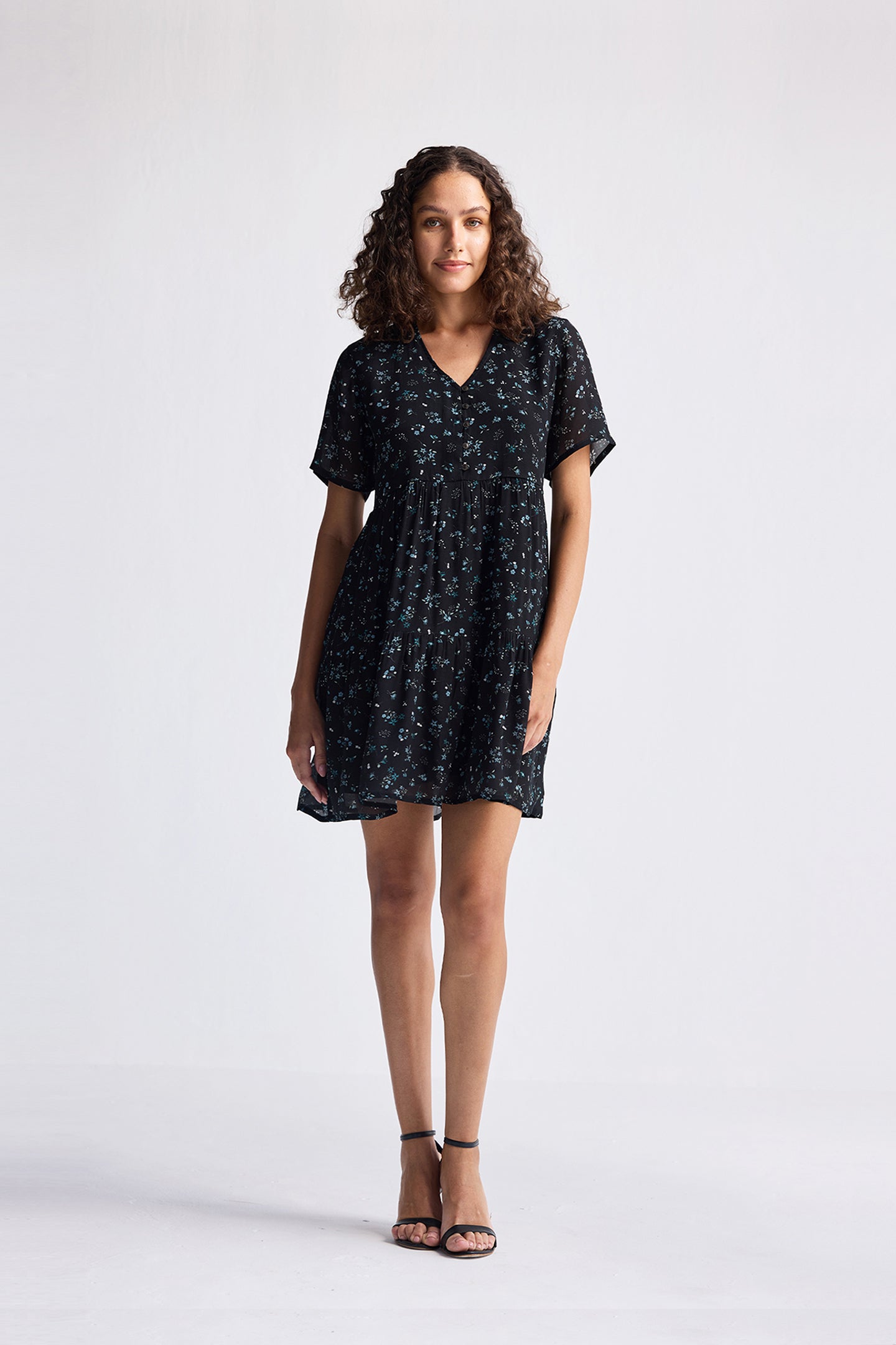 Floral Short Tiered Dress in Dark Blue Long Shot