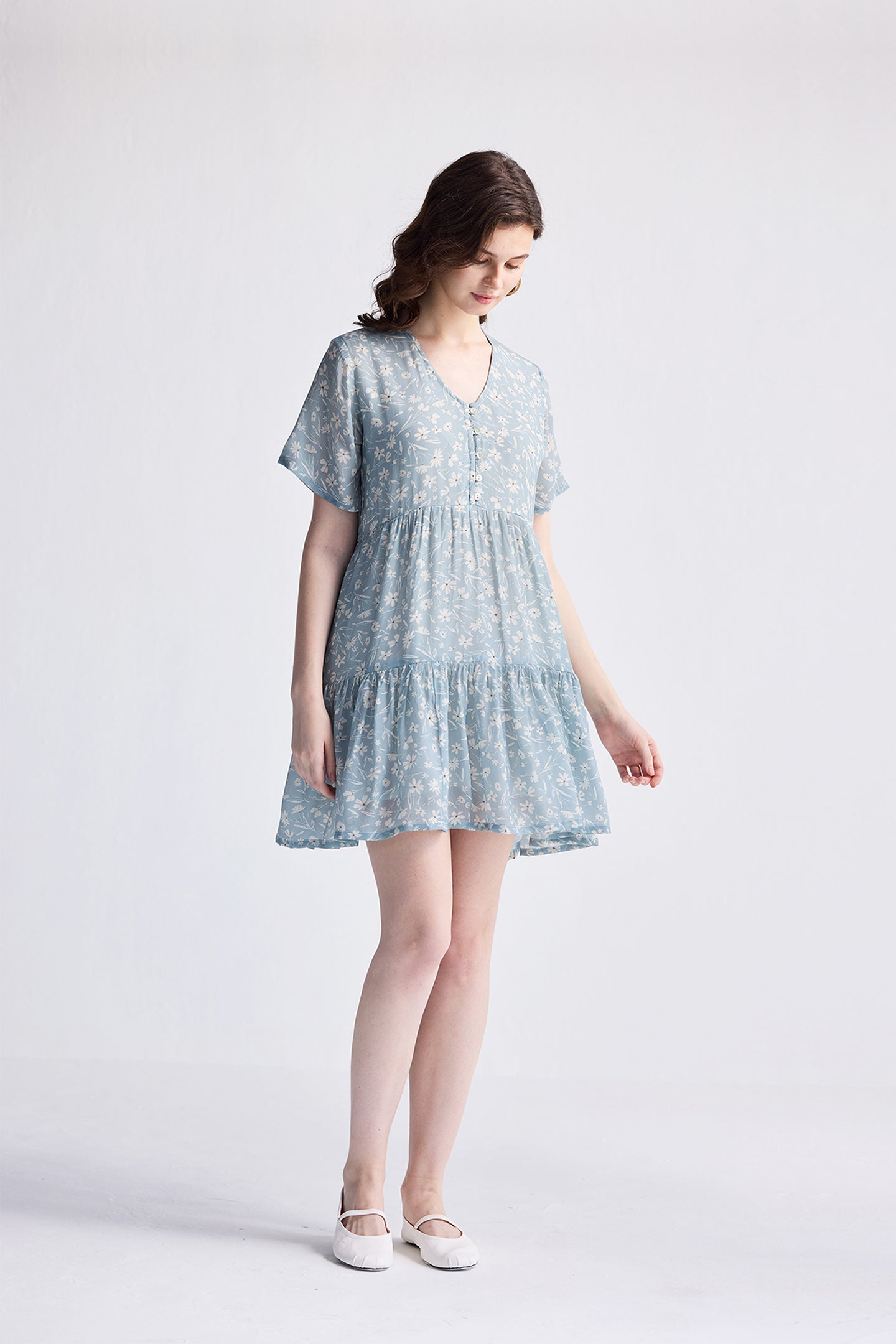 Floral Short Tiered dress in Light Blue Long Shot