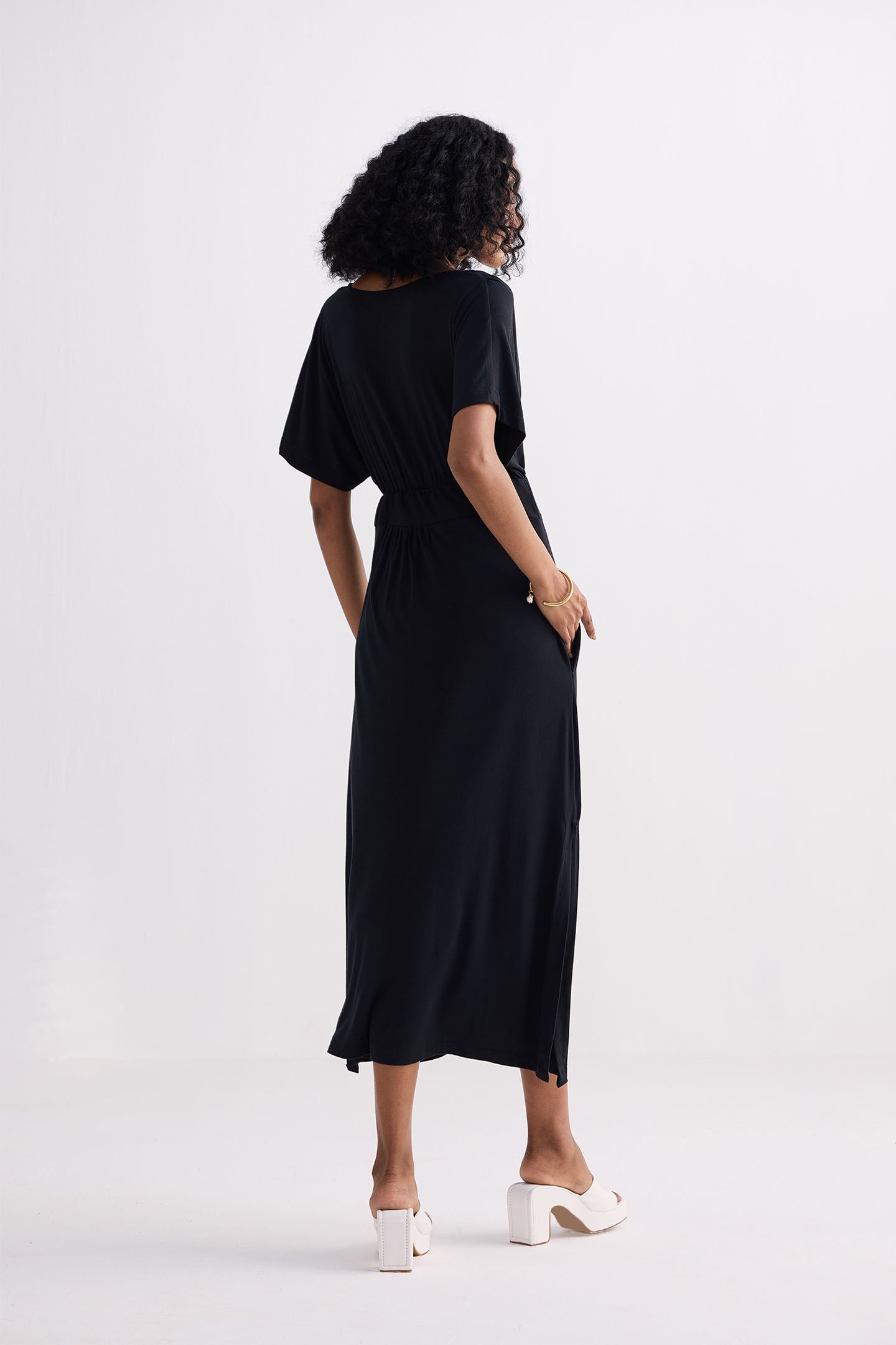 Flowy A-Line Maxi Dress with Side Slits in Black Back
