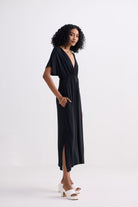 Flowy A-Line Maxi Dress with Side Slits in Black Side