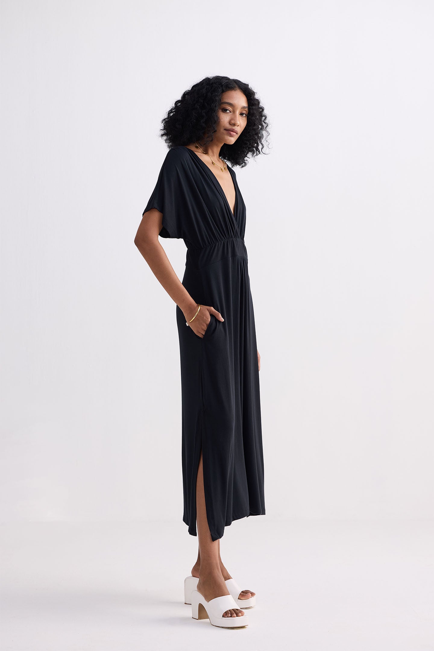Flowy A-Line Maxi Dress with Side Slits in Black Side