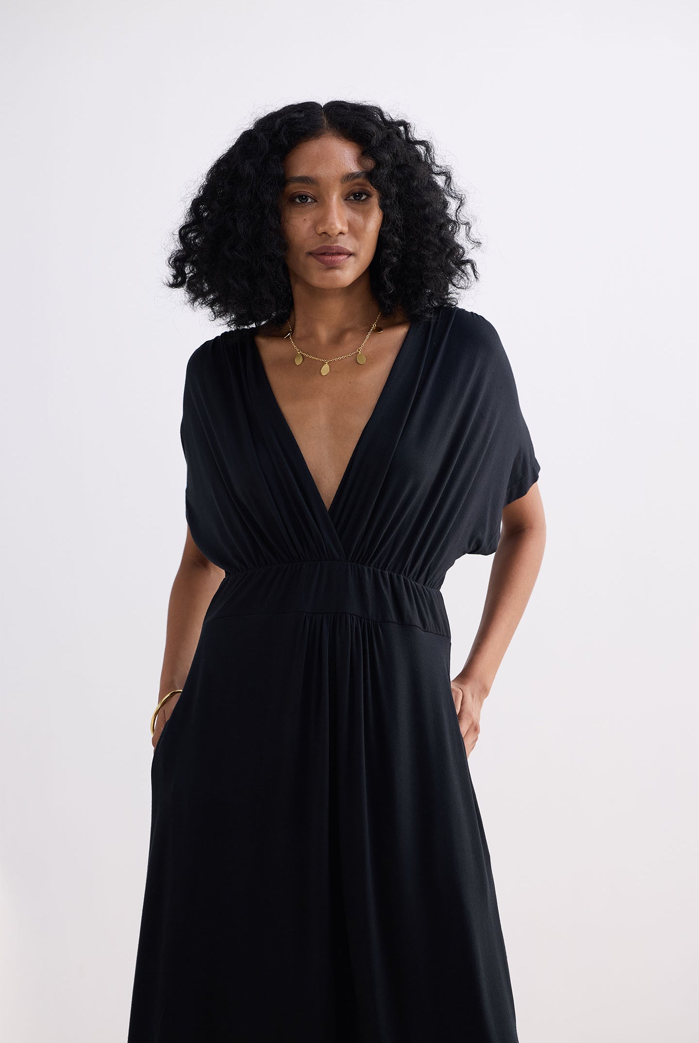 Flowy A-Line Maxi Dress with Side Slits in Black Closeup
