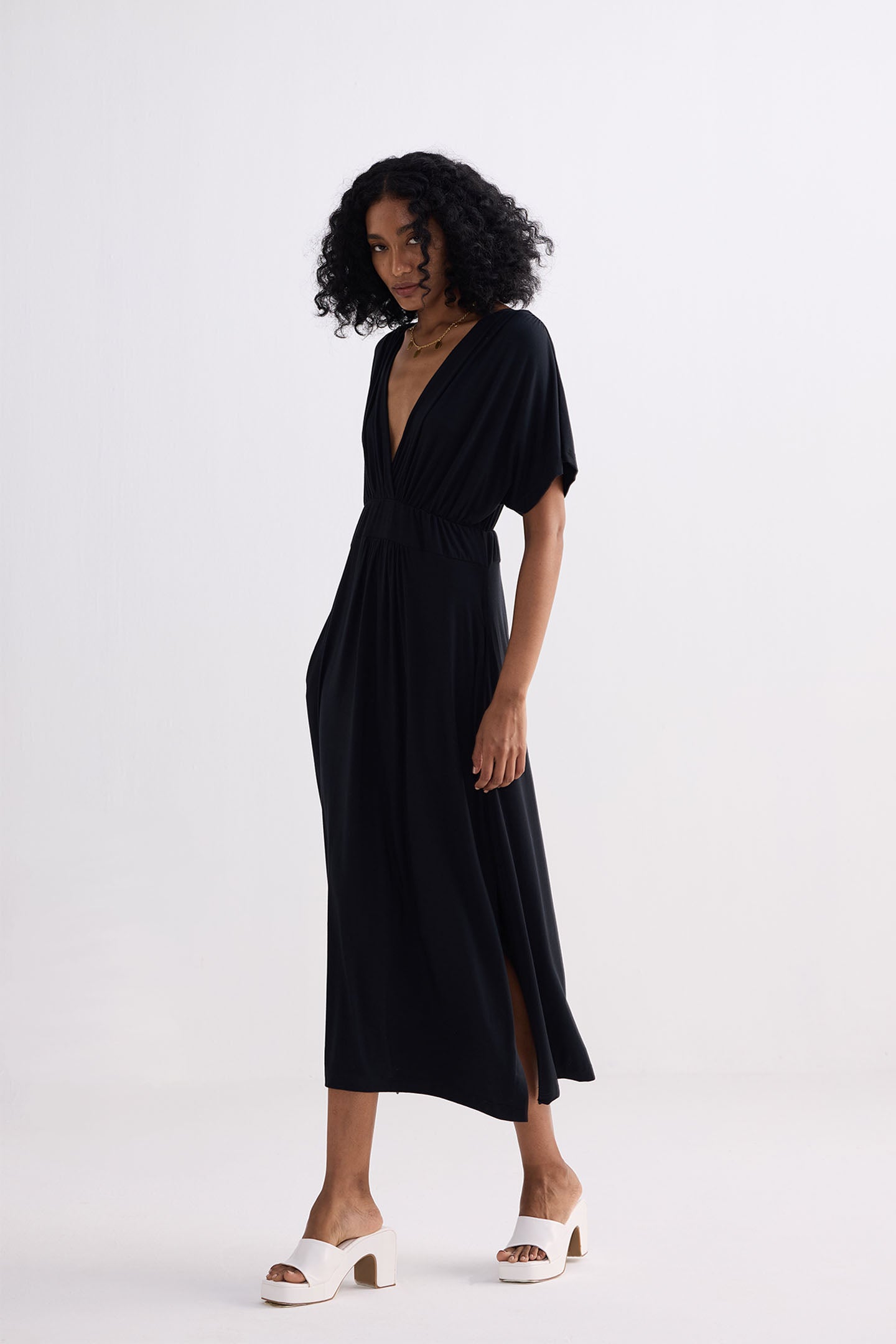 Flowy A-Line Maxi Dress with Side Slits in Black Side