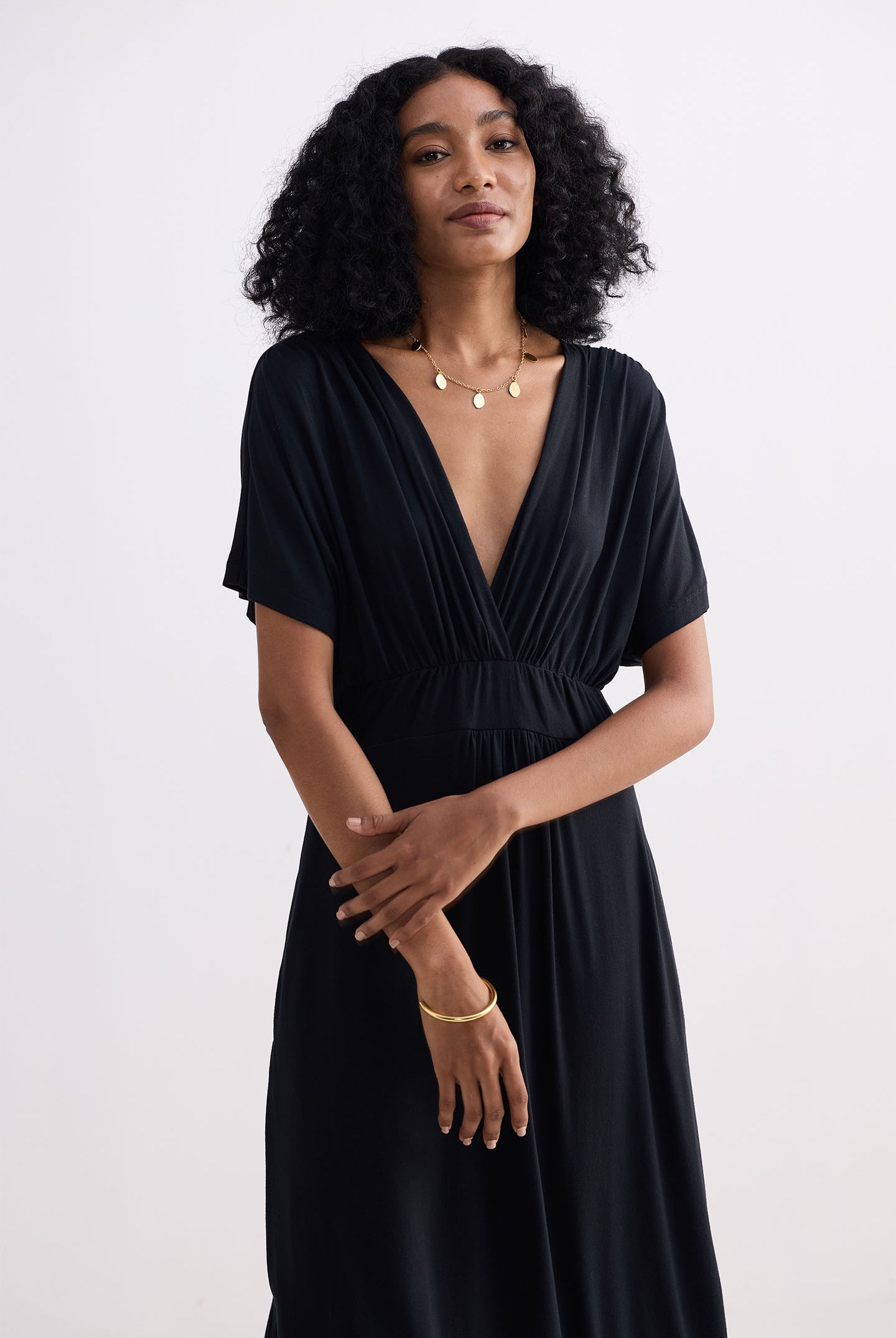 Flowy A-Line Maxi Dress with Side Slits in Black Closeup