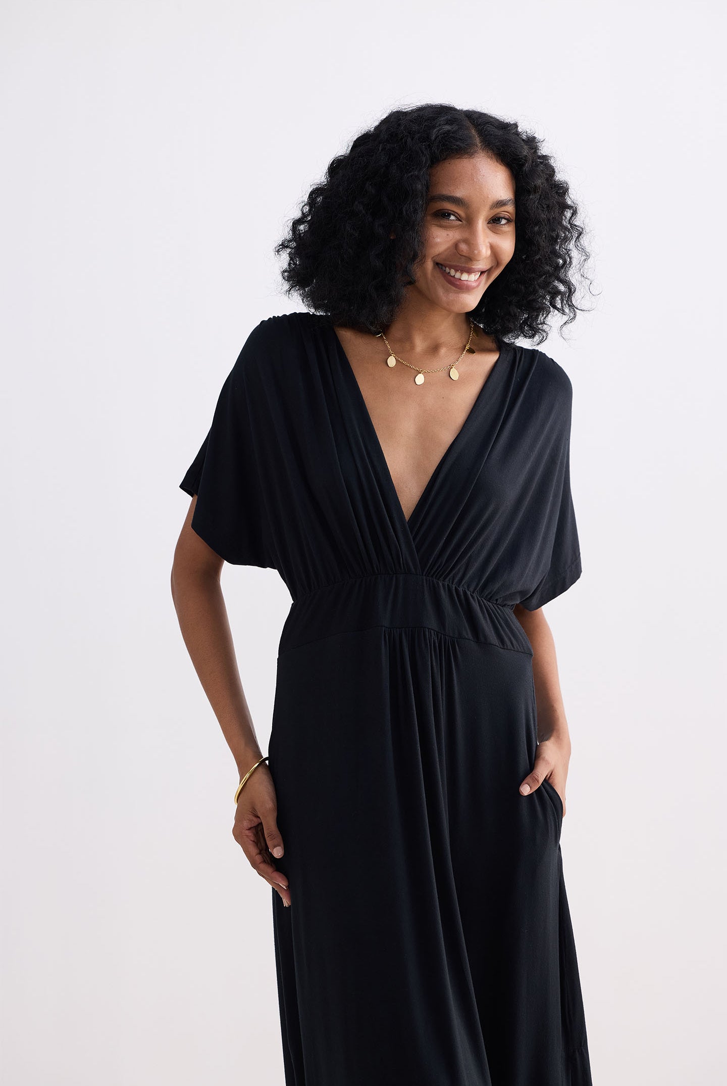 Flowy A-Line Maxi Dress with Side Slits in Black Closeup