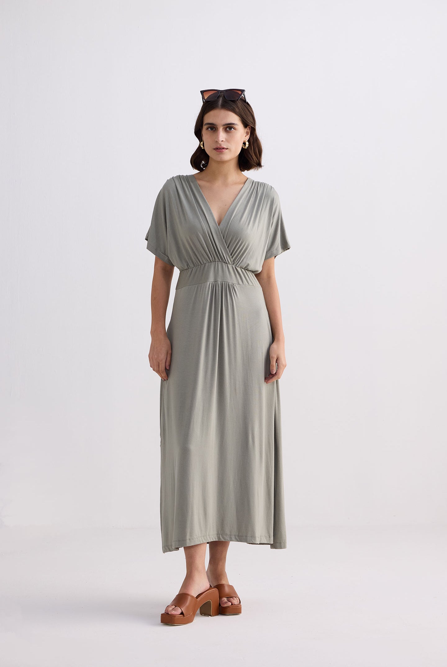 Flowy A-Line Maxi Dress with Side Slits in Light Olive Front