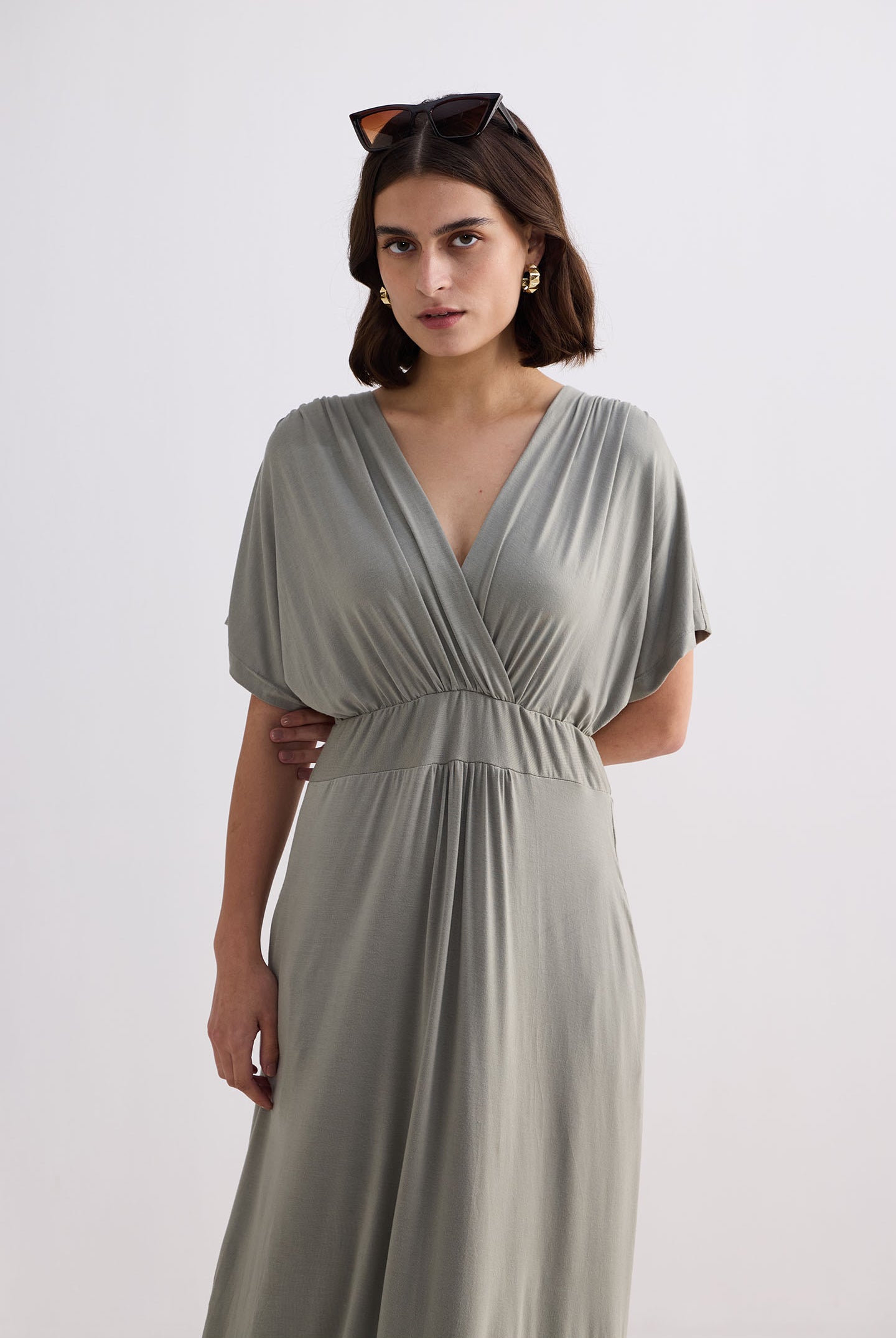 Flowy A-Line Maxi Dress with Side Slits in Light Olive Closeup