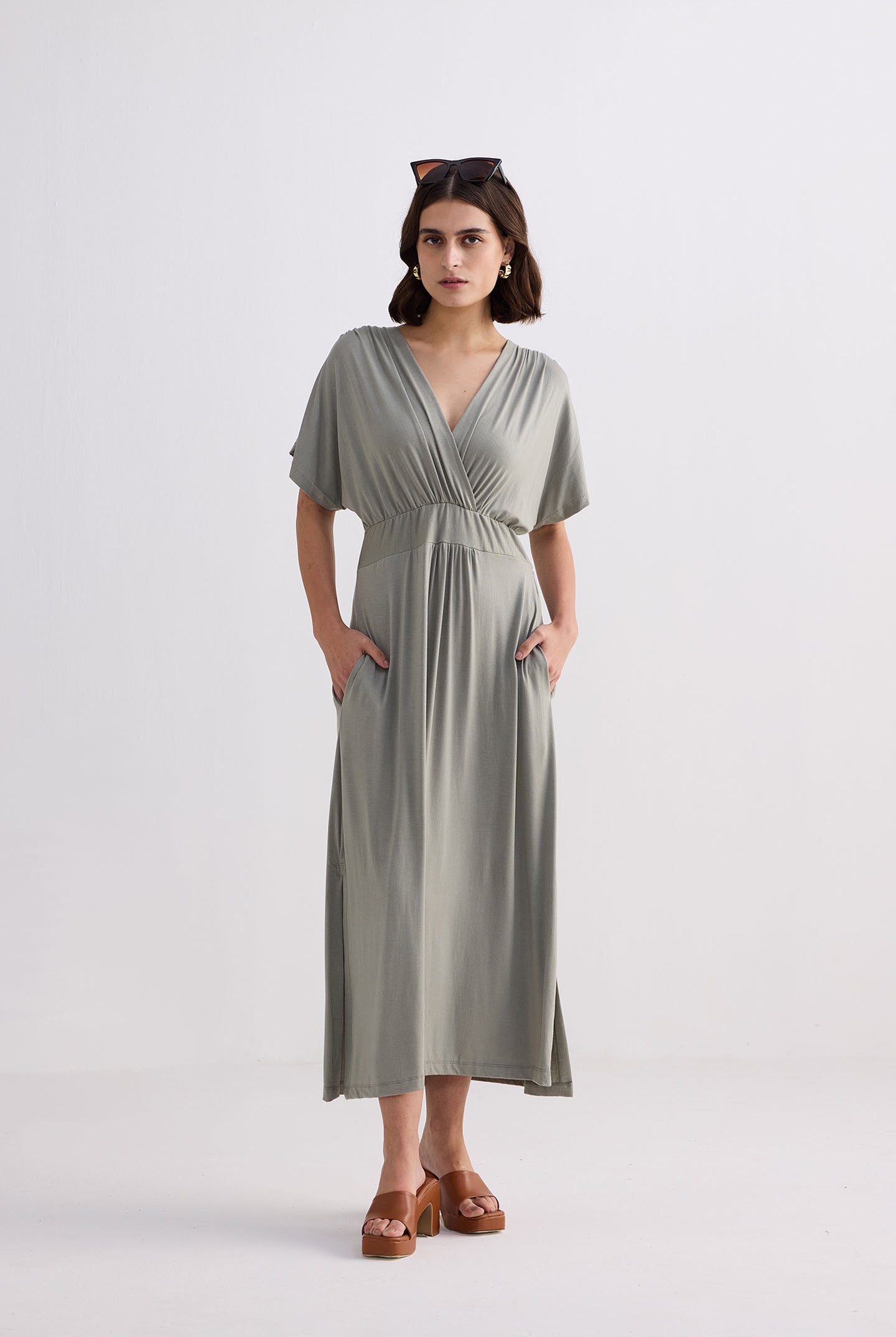 Flowy A-Line Maxi Dress with Side Slits in Light Olive Front