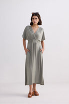 Flowy A-Line Maxi Dress with Side Slits in Light Olive Front