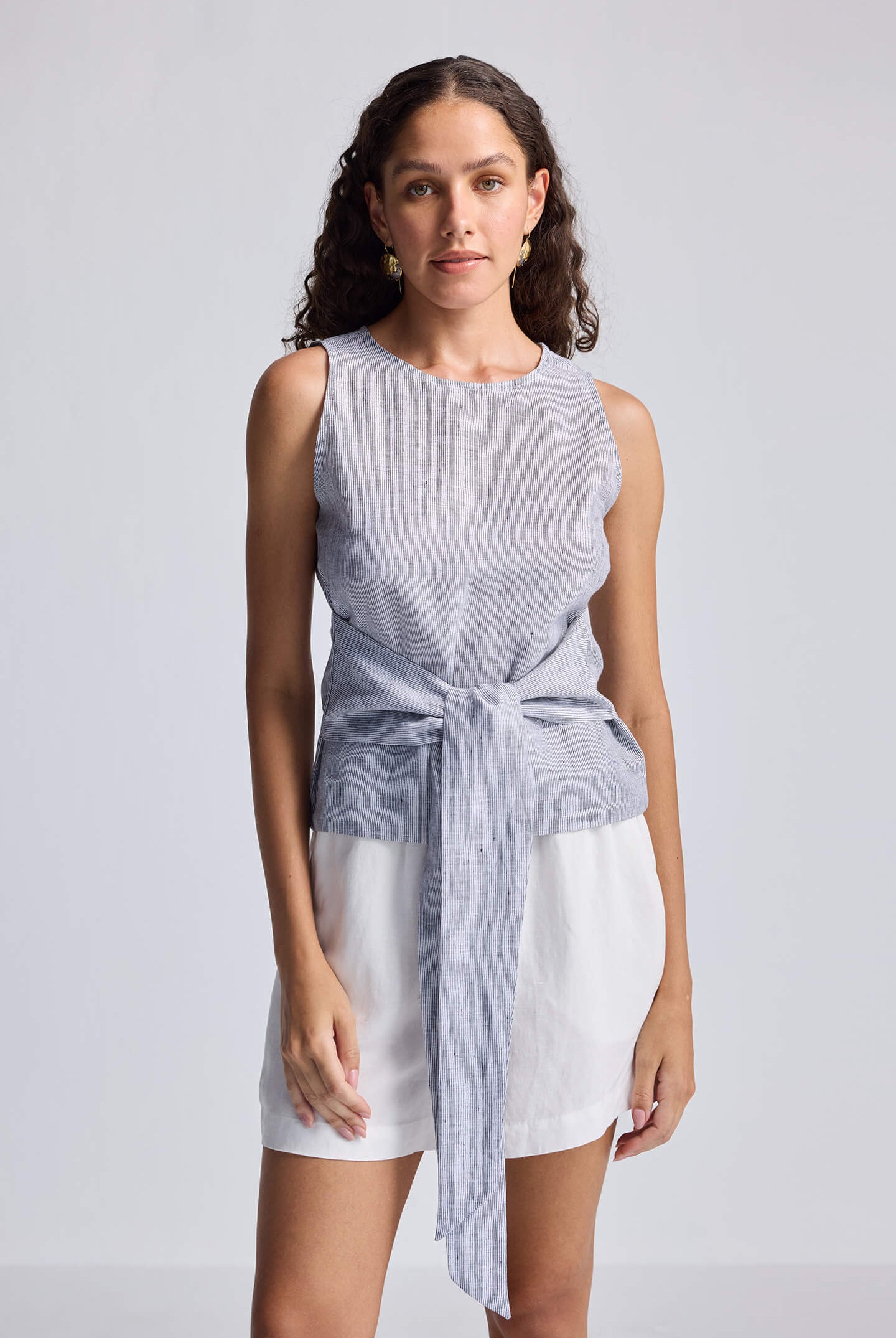 Front-tie Top in Linen Stripes Front