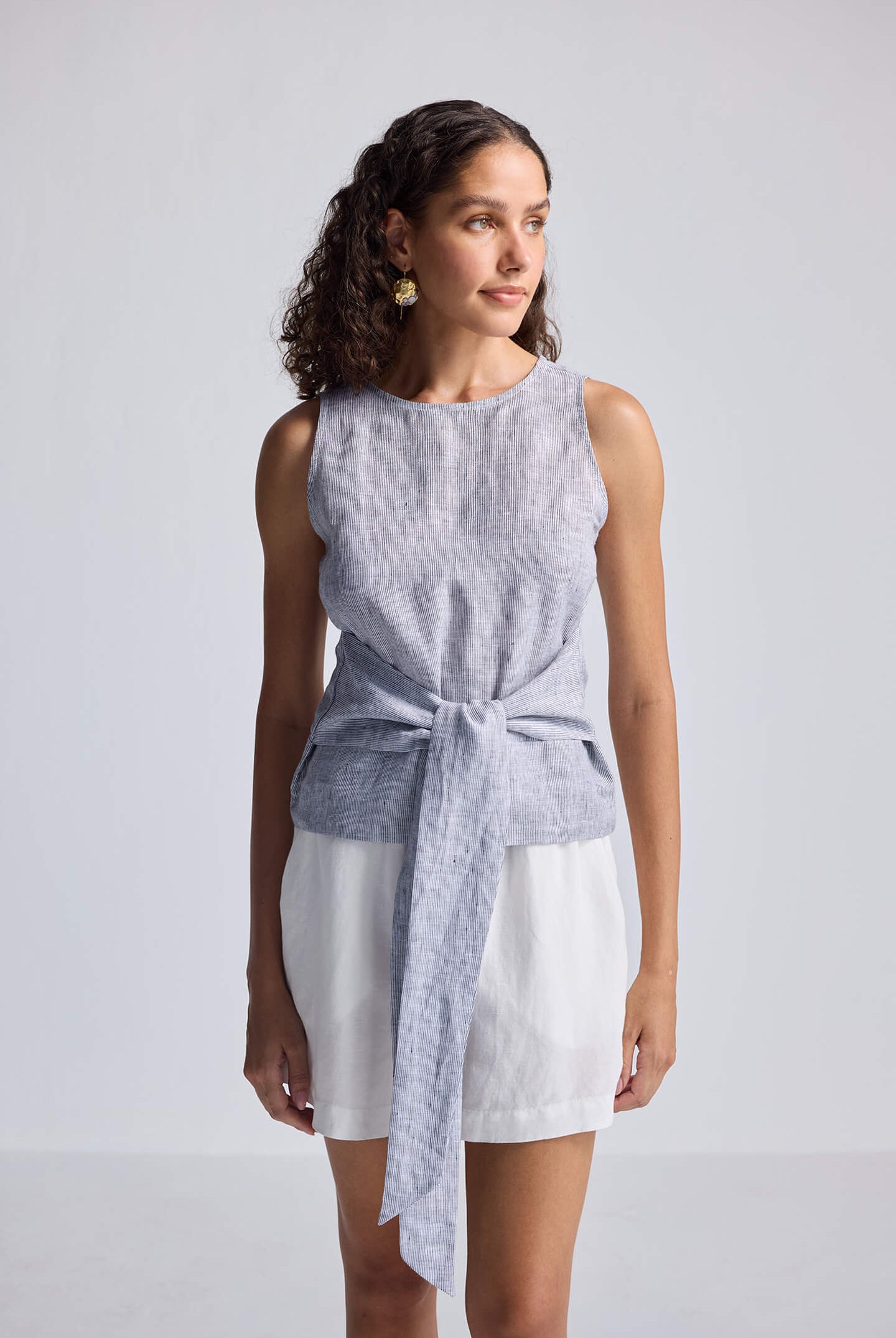 Front-tie Top in Linen Stripes Front