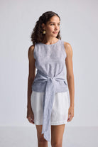 Front-tie Top in Linen Stripes Front