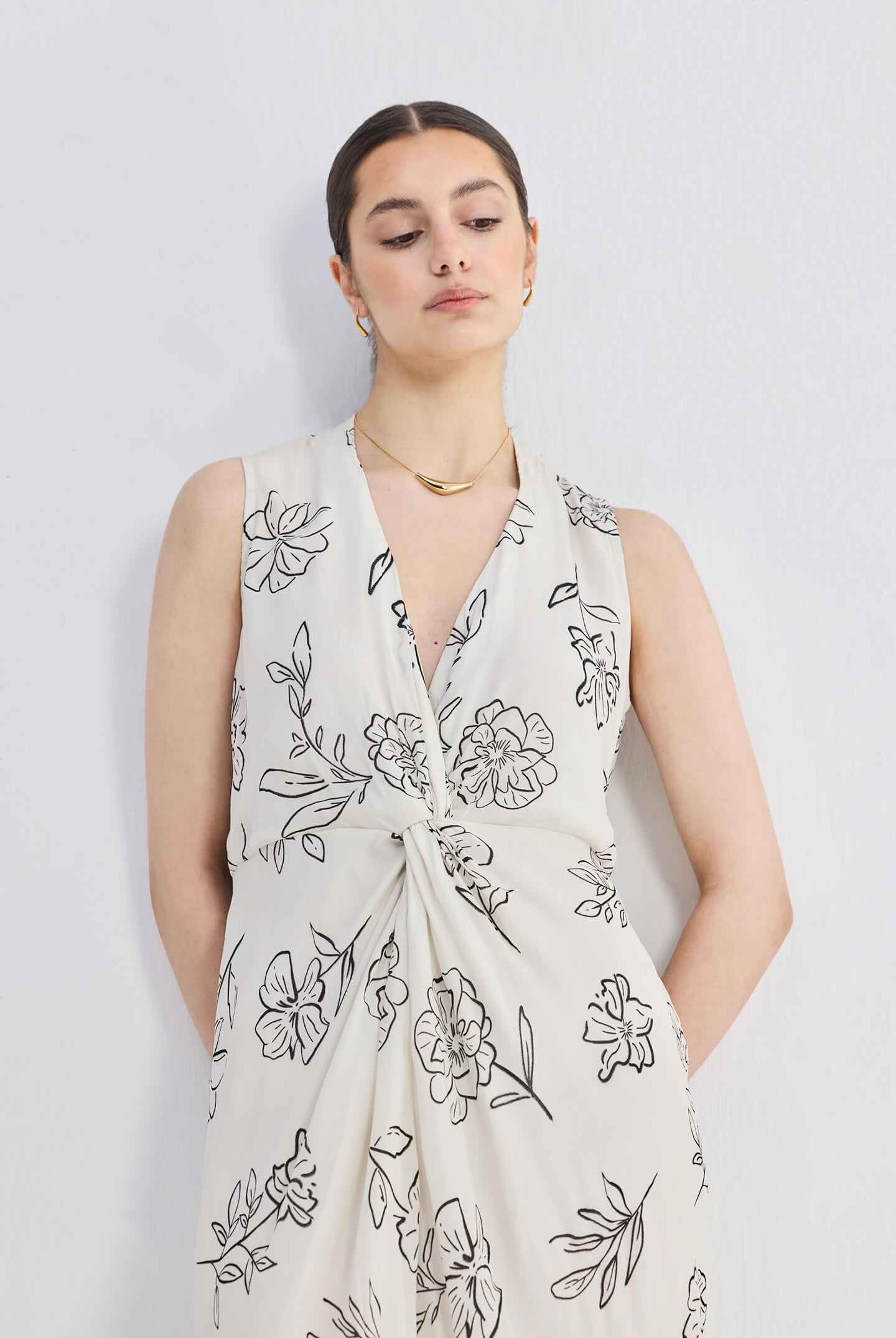 Front Twist Maxi dress in Black Florals Closeup