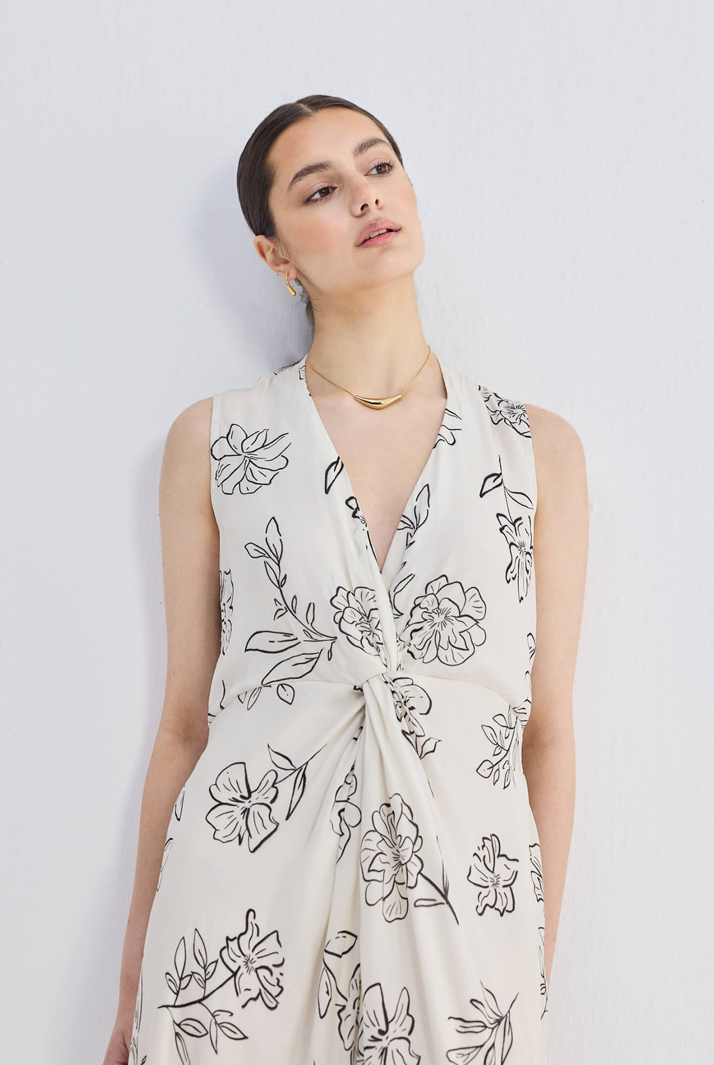 Front Twist Maxi dress in Black Florals Closeup