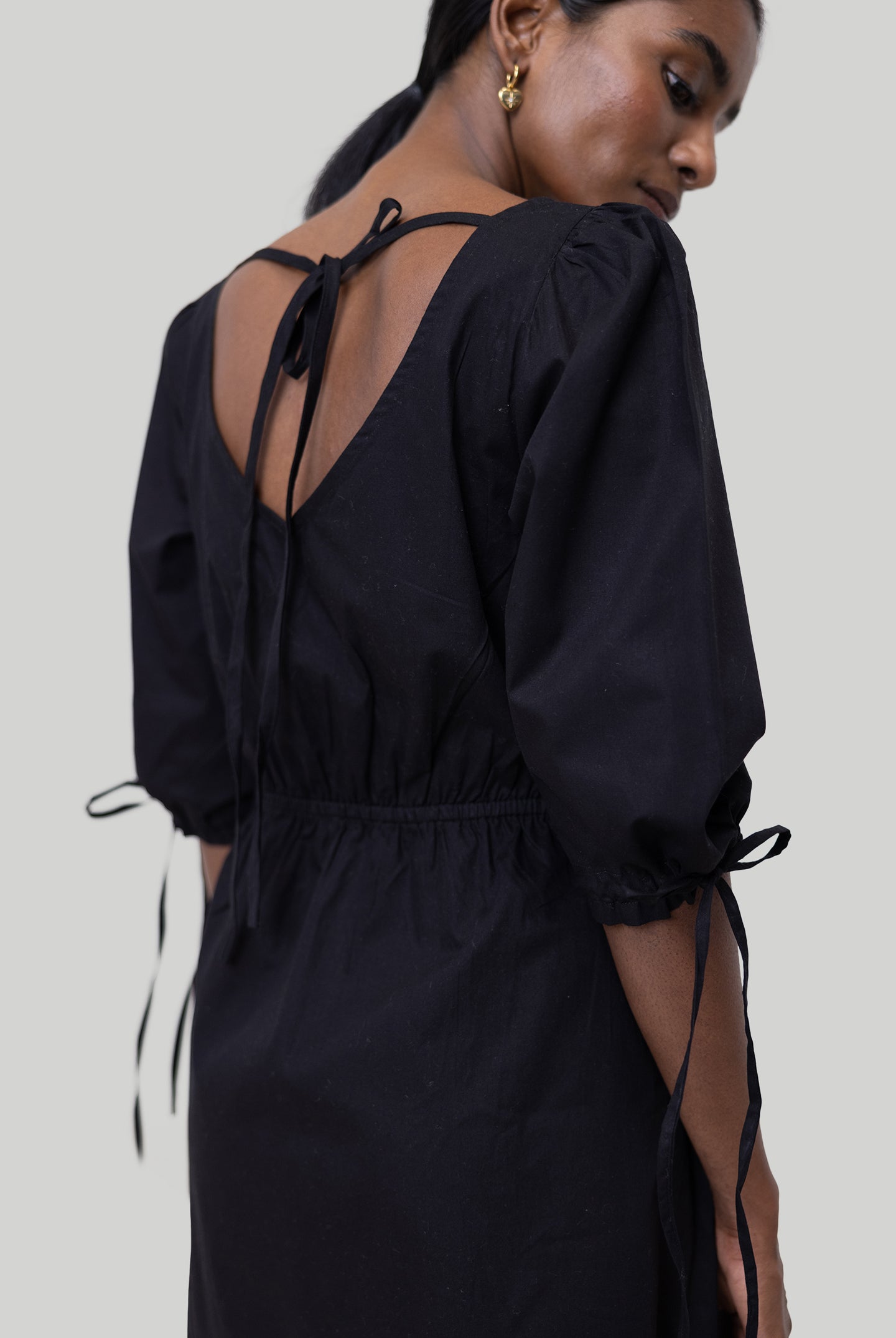 Gathered Elbow Sleeve Short Dress in Black