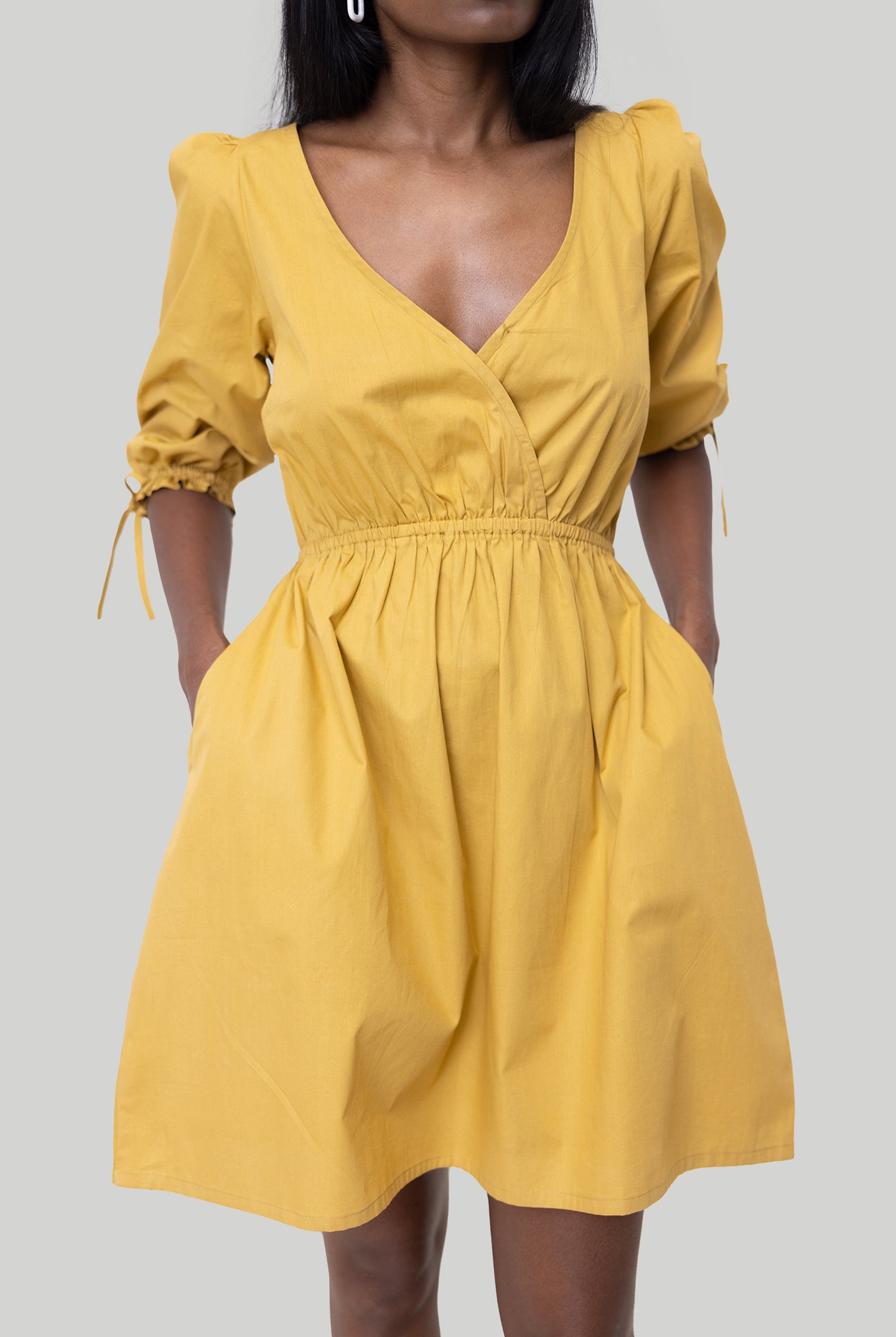 Gathered Elbow Sleeve Short Dress in Mustard