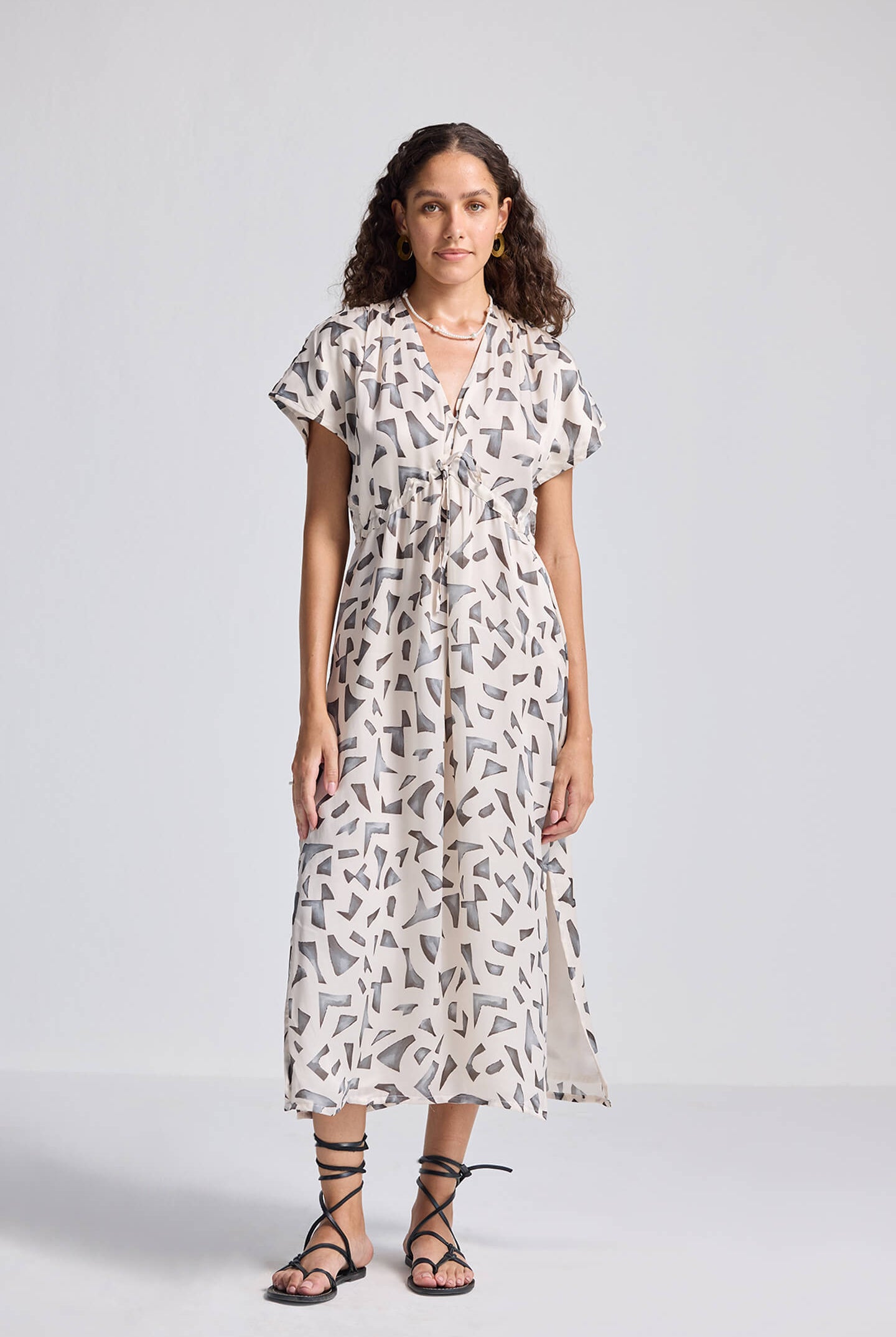 Gathered Maxi Dress with Side Slits in Mosaic Front