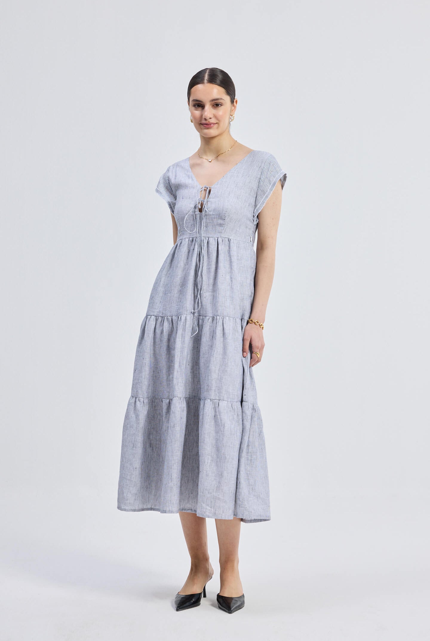 Maxi Tired Dress with Front-ties in Linen Stripes Side