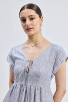Maxi Tired Dress with Front-ties in Linen Stripes Closeup