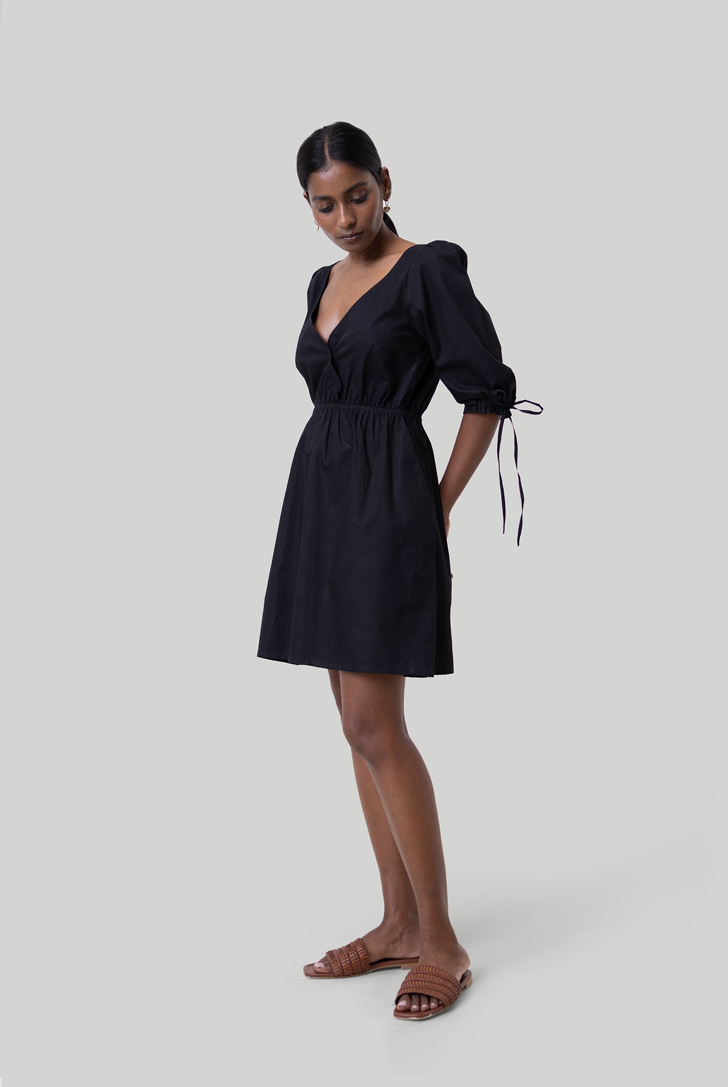 Gathered Elbow Sleeve Short Dress in Black
