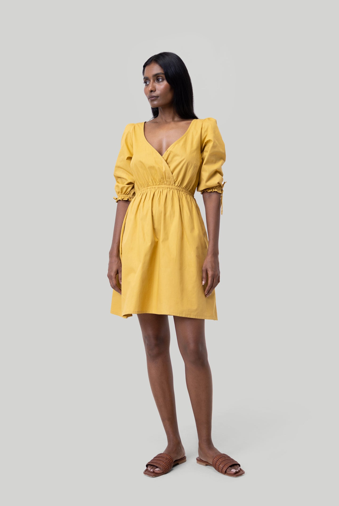 Gathered Elbow Sleeve Short Dress in Mustard