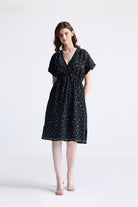 Gathered Knee-length Dress in Dark Blue Florals Long Shot