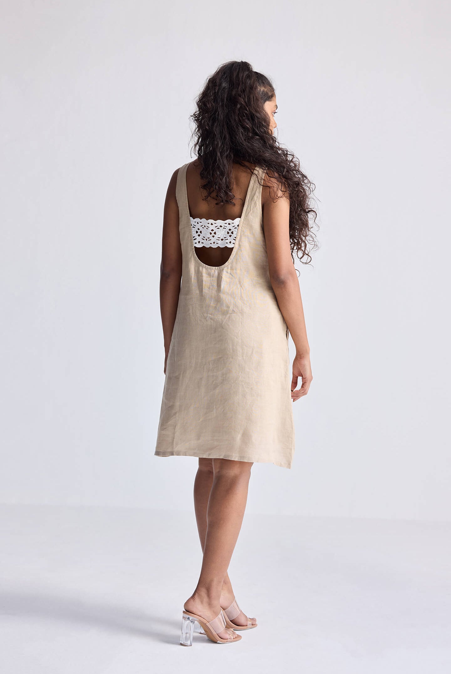 Hemp Short Dress with Back Embroidered Lace Detail Back