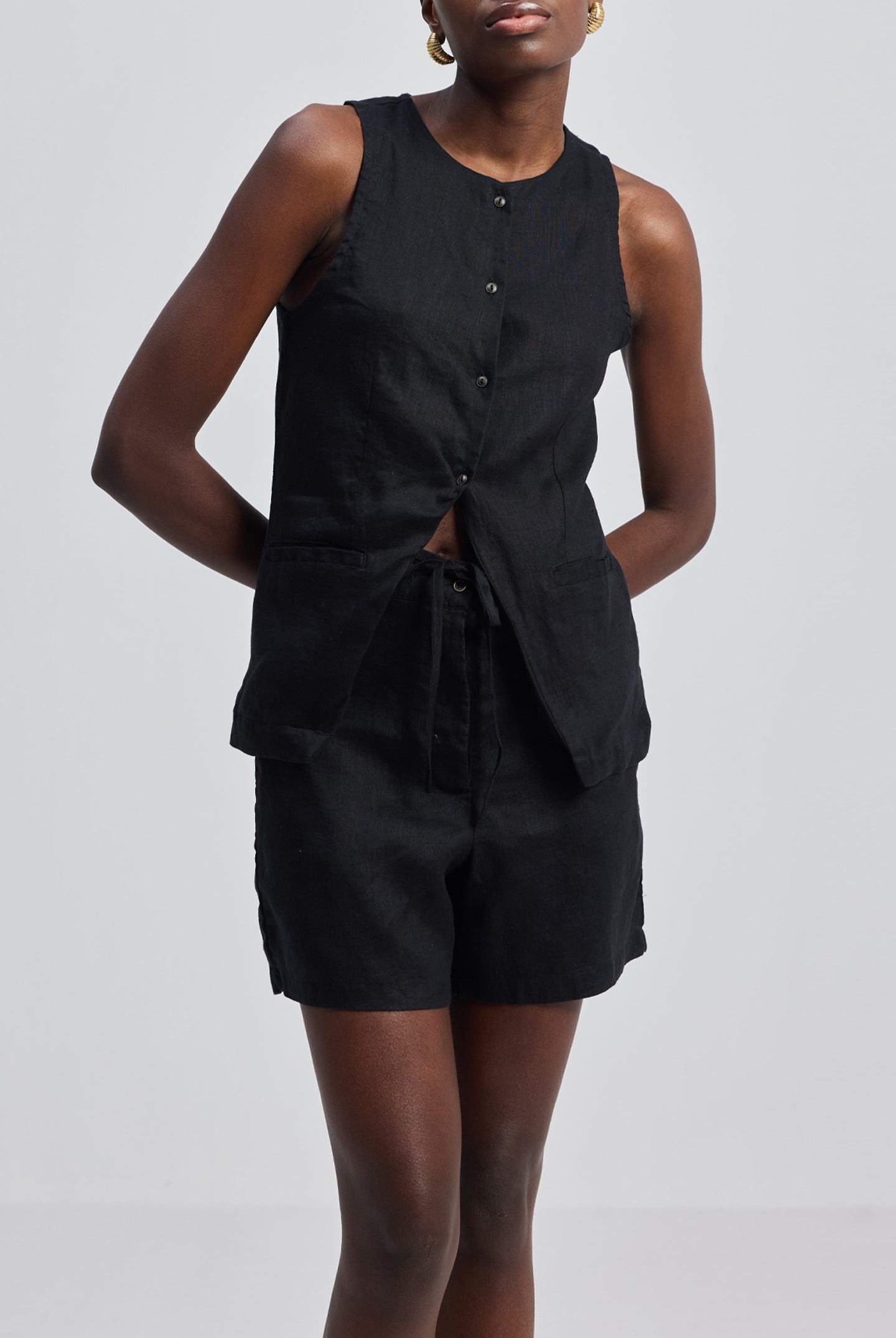 Hemp Vest Jacket Set in Black Front