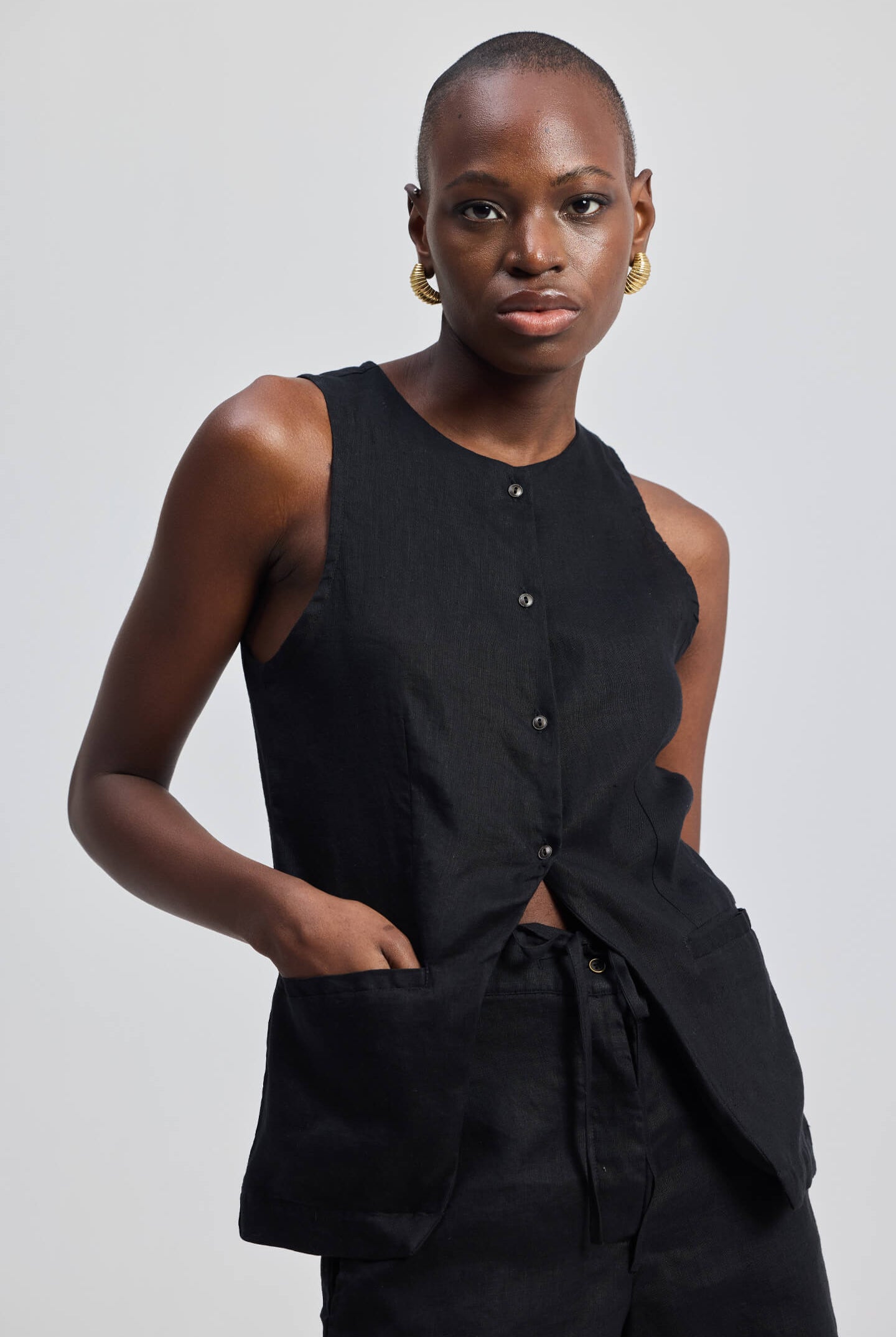 Hemp Vest Jacket in Black Closeup