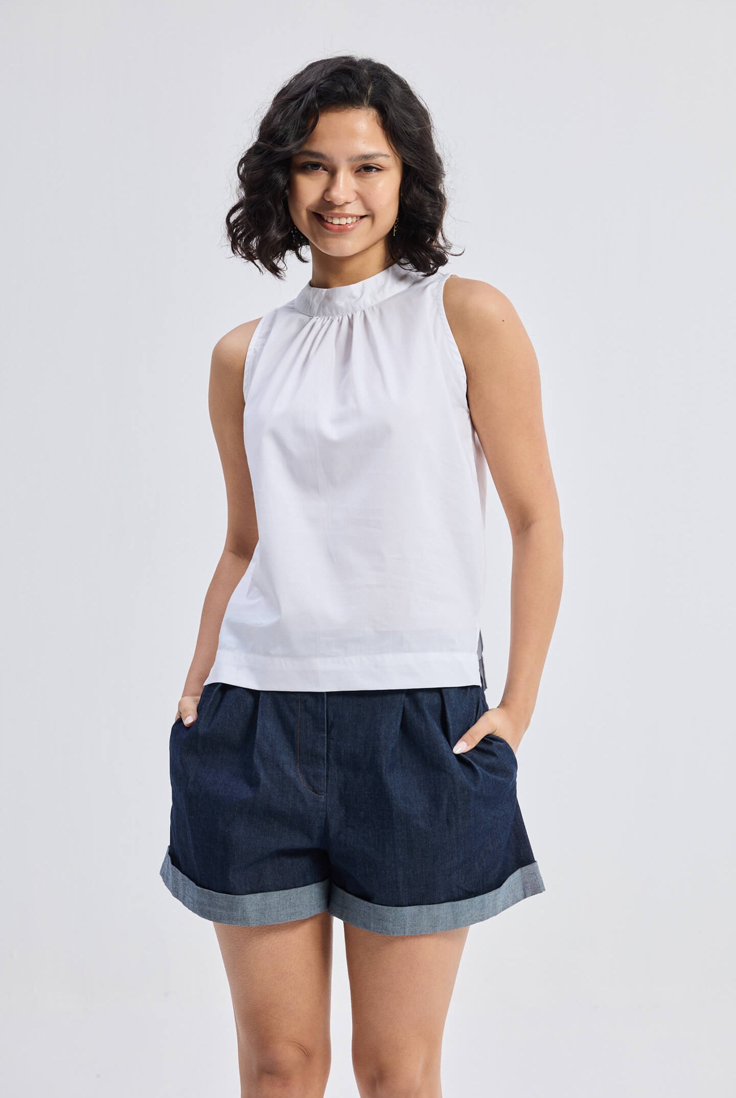 High-Neck Top with Gathers in White Front