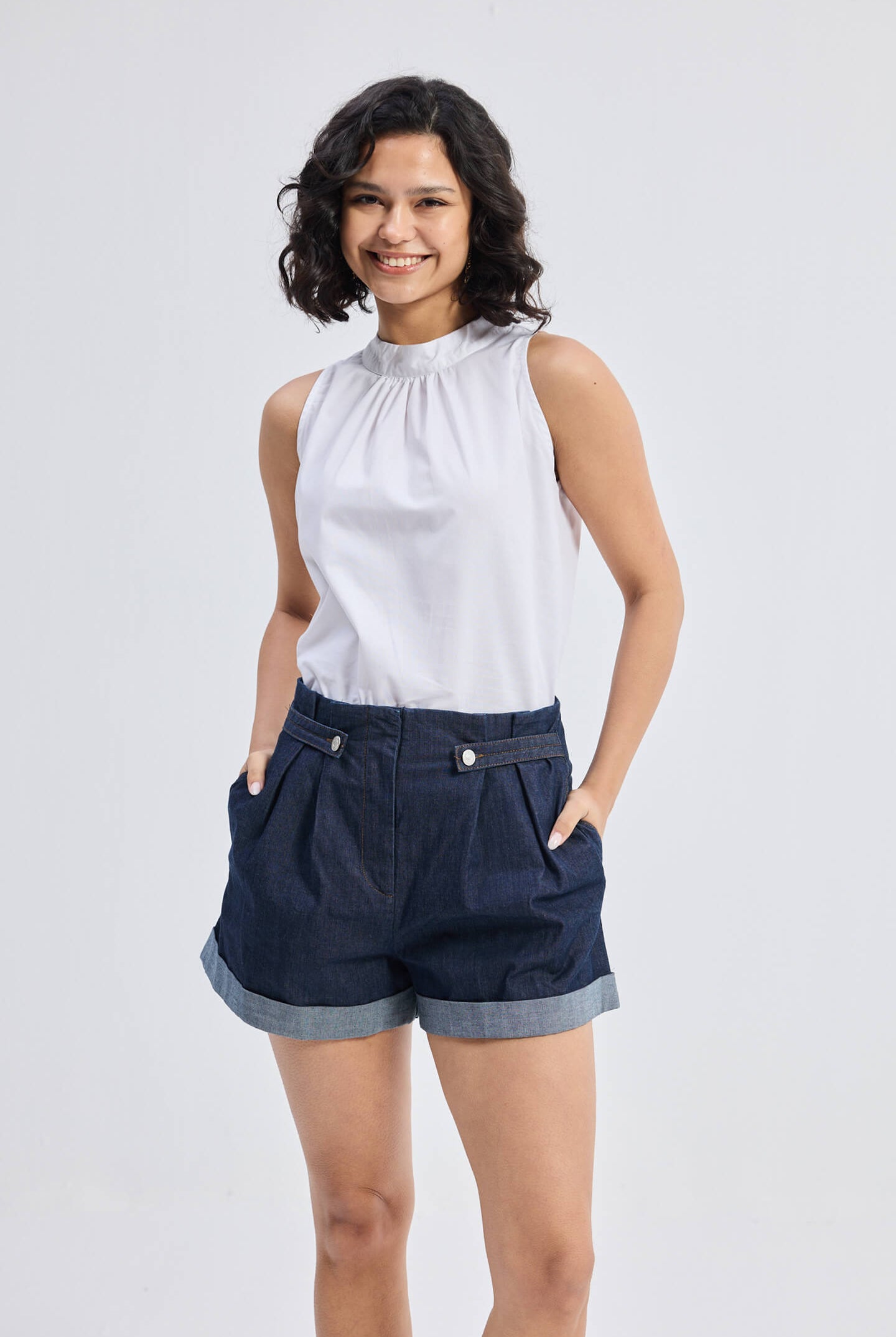 High-Neck Top with Gathers in White Moodshot