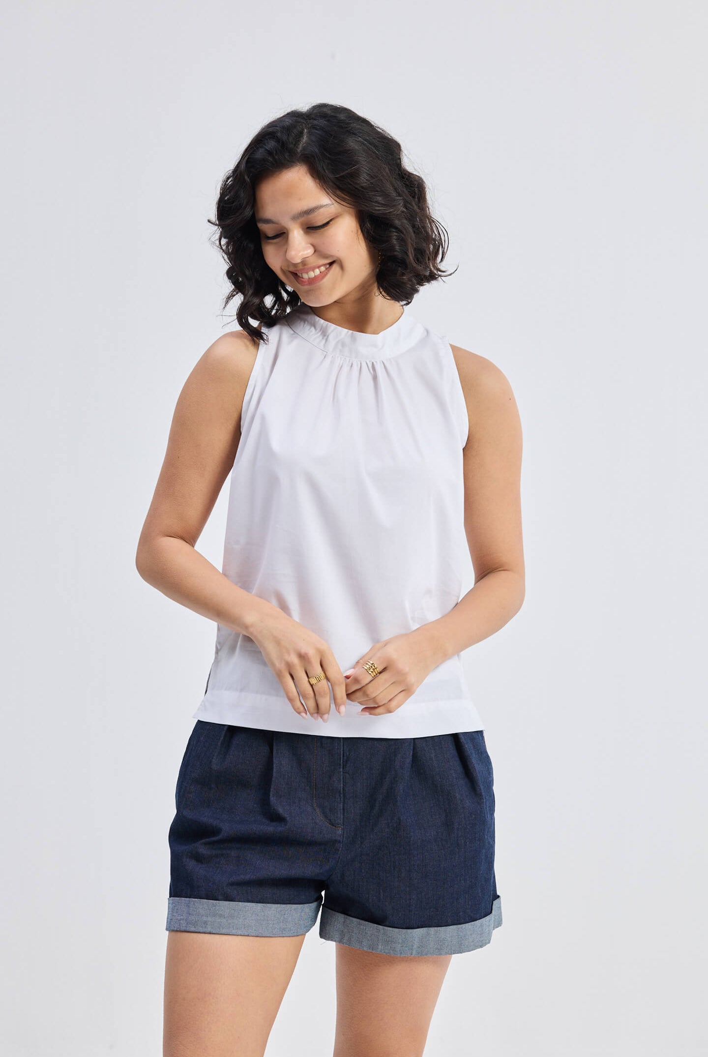 High-Neck Top with Gathers in White Moodshot