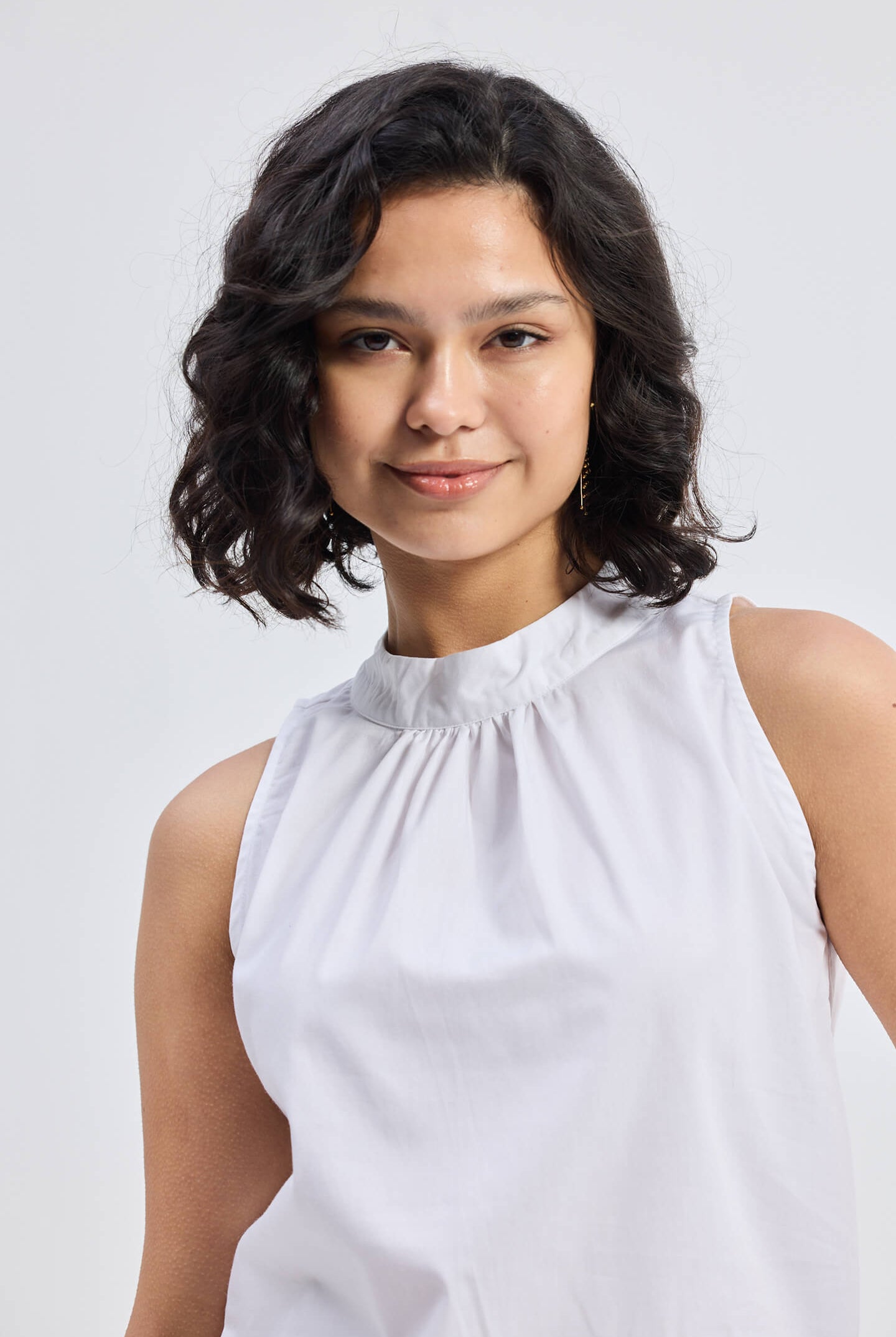 High-Neck Top with Gathers in White Closeup