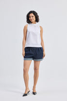 High-Neck Top with Gathers in White Front