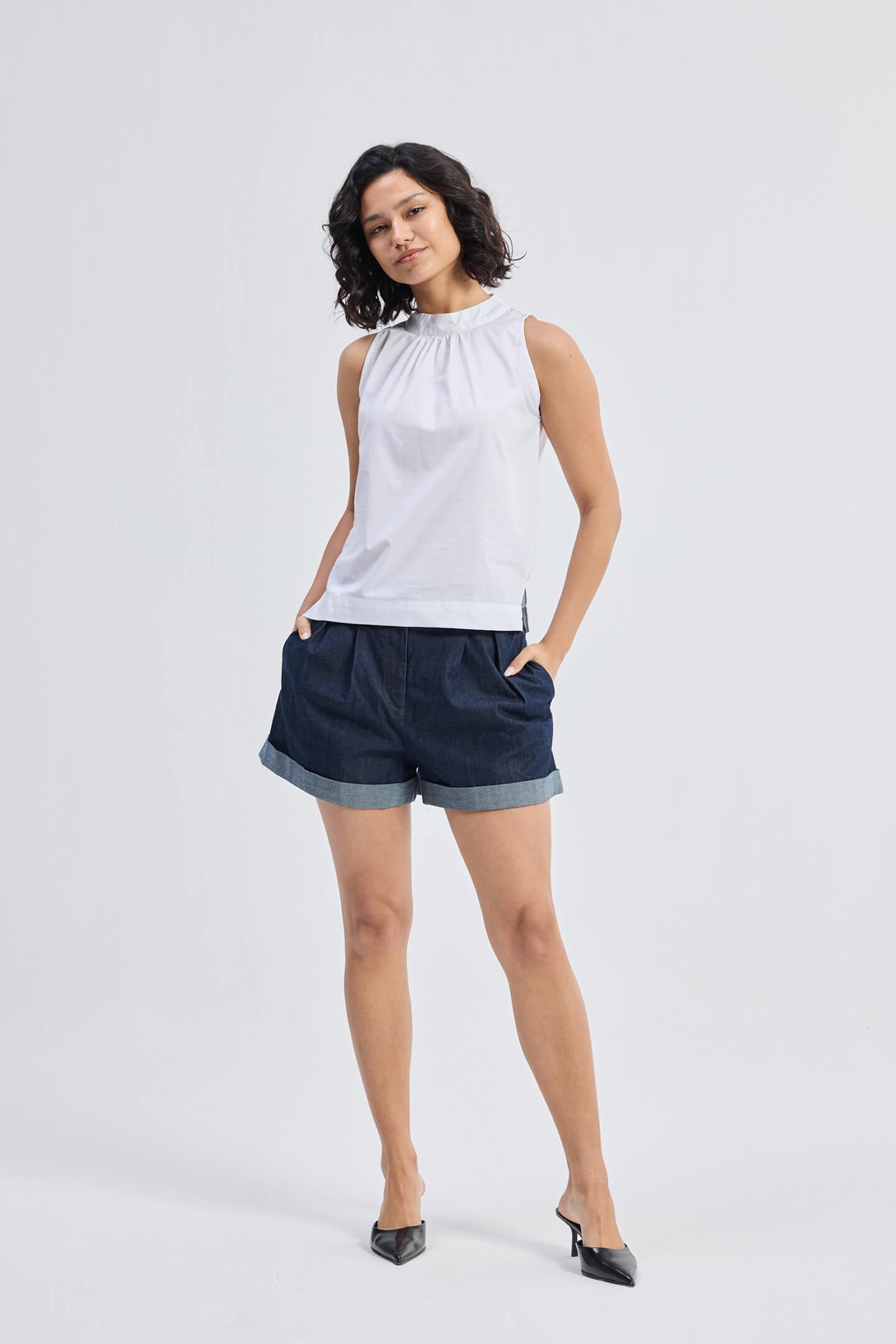 High-Neck Top with Gathers in White Front
