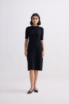 High Crew Neck Elbow Sleeves Fitted Dress in Black Front